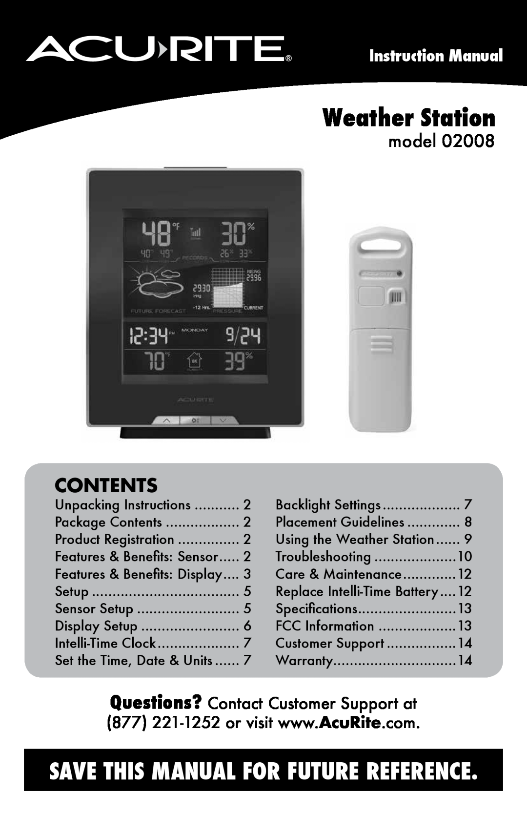 Acu-Rite 2008 instruction manual Contents, model, Instruction Manual, Weather Station 