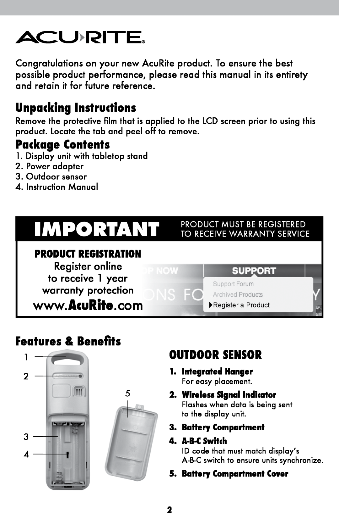 Acu-Rite 2008 Unpacking Instructions, Package Contents, Outdoor Sensor, Product Must Be Registered, Features & Benefits 