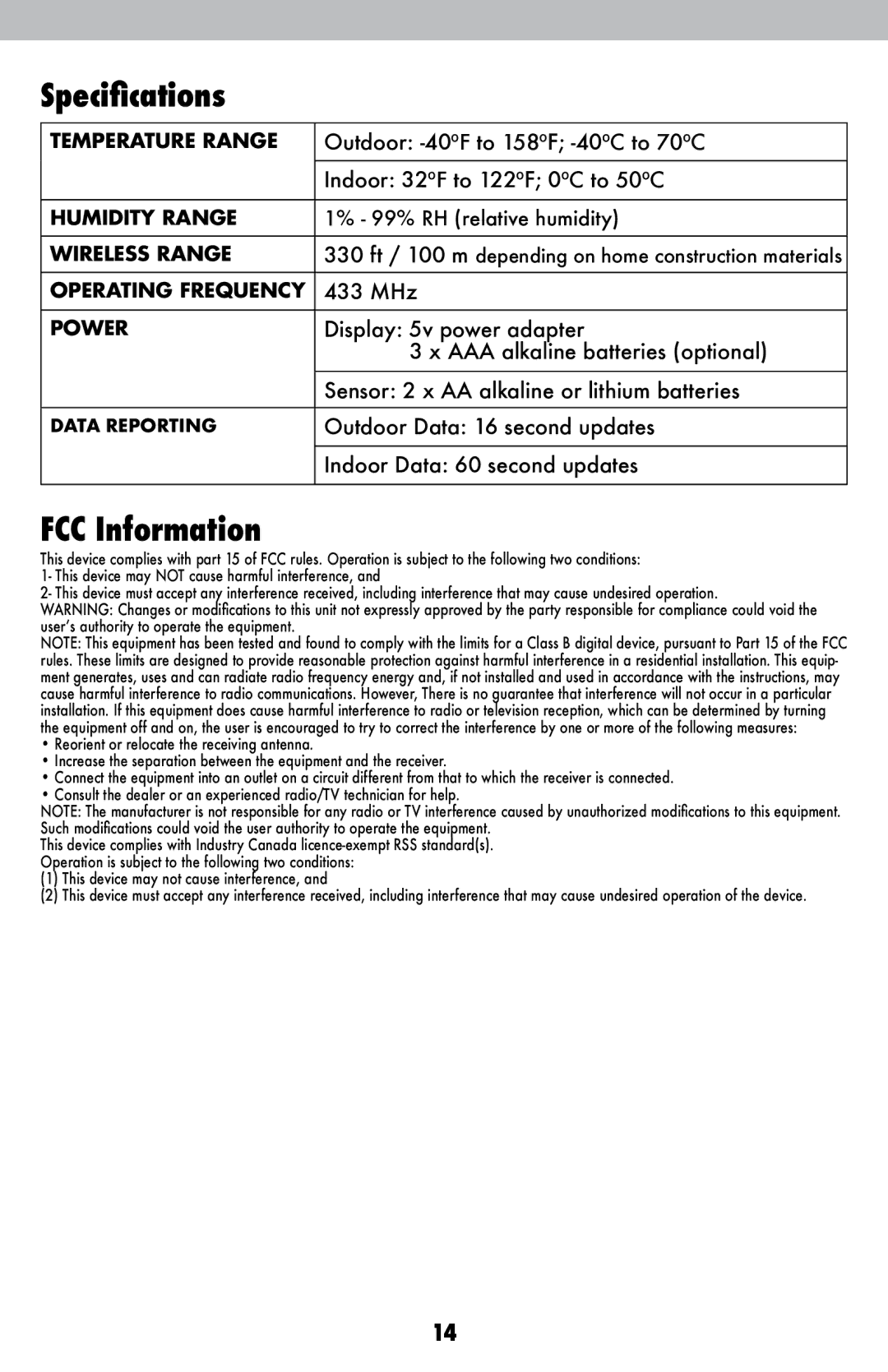 Acu-Rite 2026 instruction manual Specifications, FCC Information 