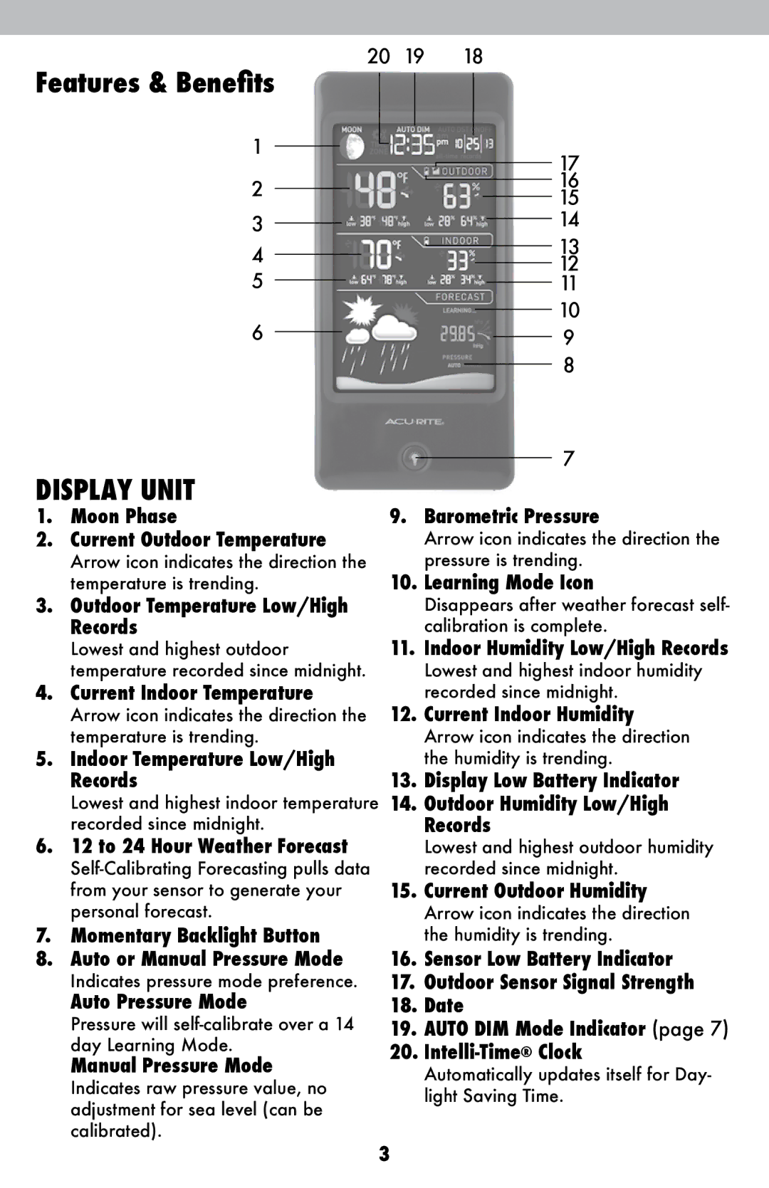 Acu-Rite 2026 instruction manual Features & Benefits, Display Unit 