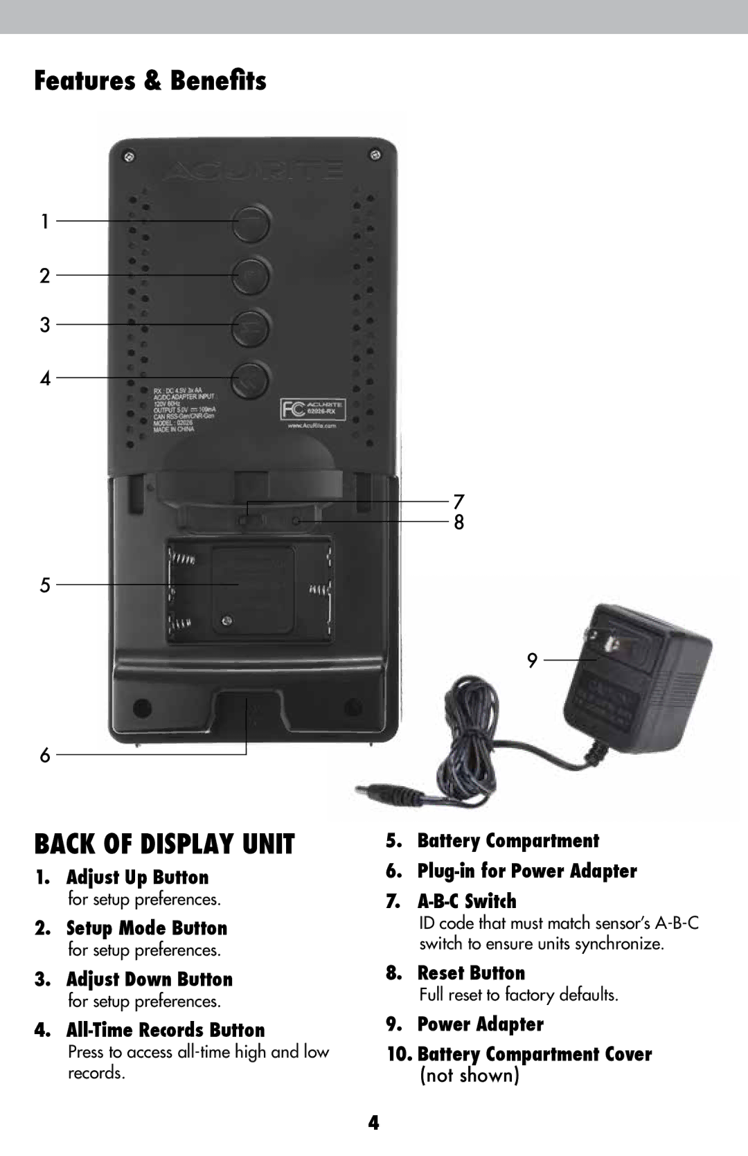 Acu-Rite 2026 instruction manual Back of Display Unit 