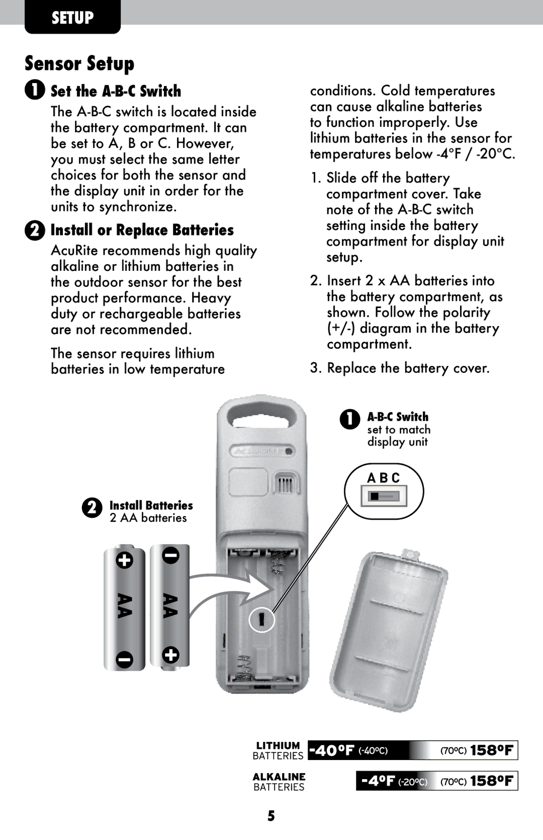 Acu-Rite 2026 instruction manual Sensor Setup, Set the A-B-C Switch 