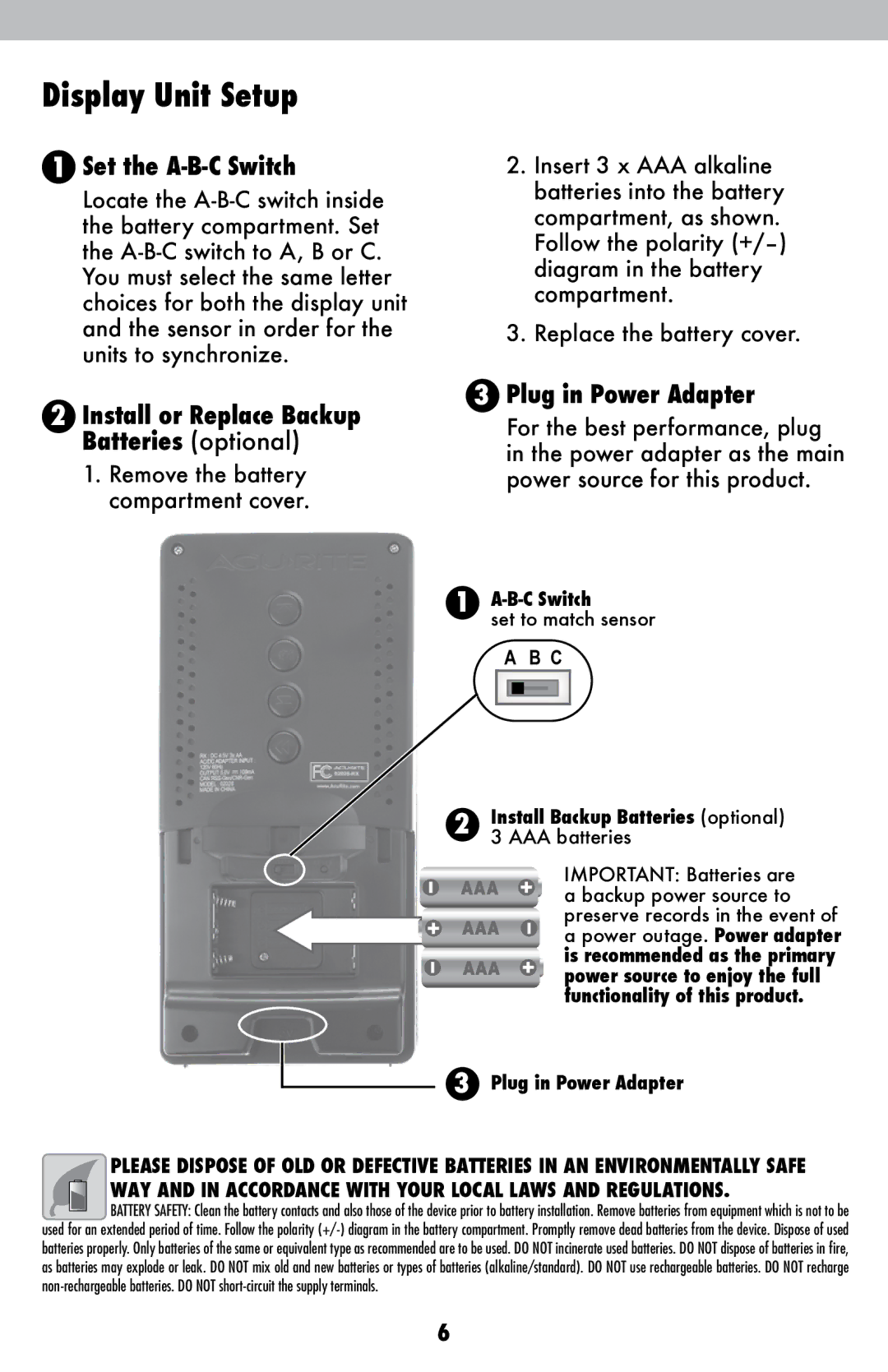 Acu-Rite 2026 instruction manual Display Unit Setup, Install or Replace Backup Batteries optional 