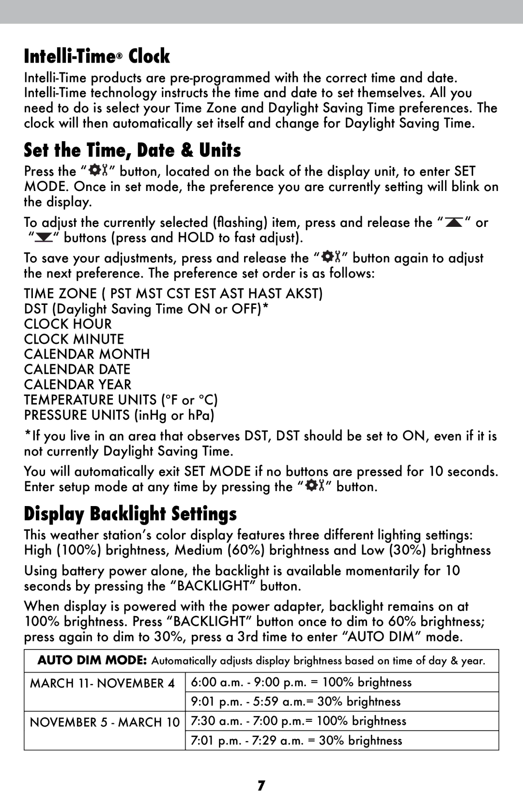 Acu-Rite 2026 instruction manual Intelli-TimeClock, Set the Time, Date & Units, Display Backlight Settings 