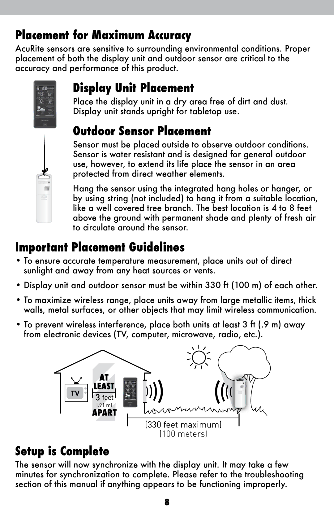 Acu-Rite 2026 Placement for Maximum Accuracy, Display Unit Placement, Outdoor Sensor Placement, Setup is Complete 