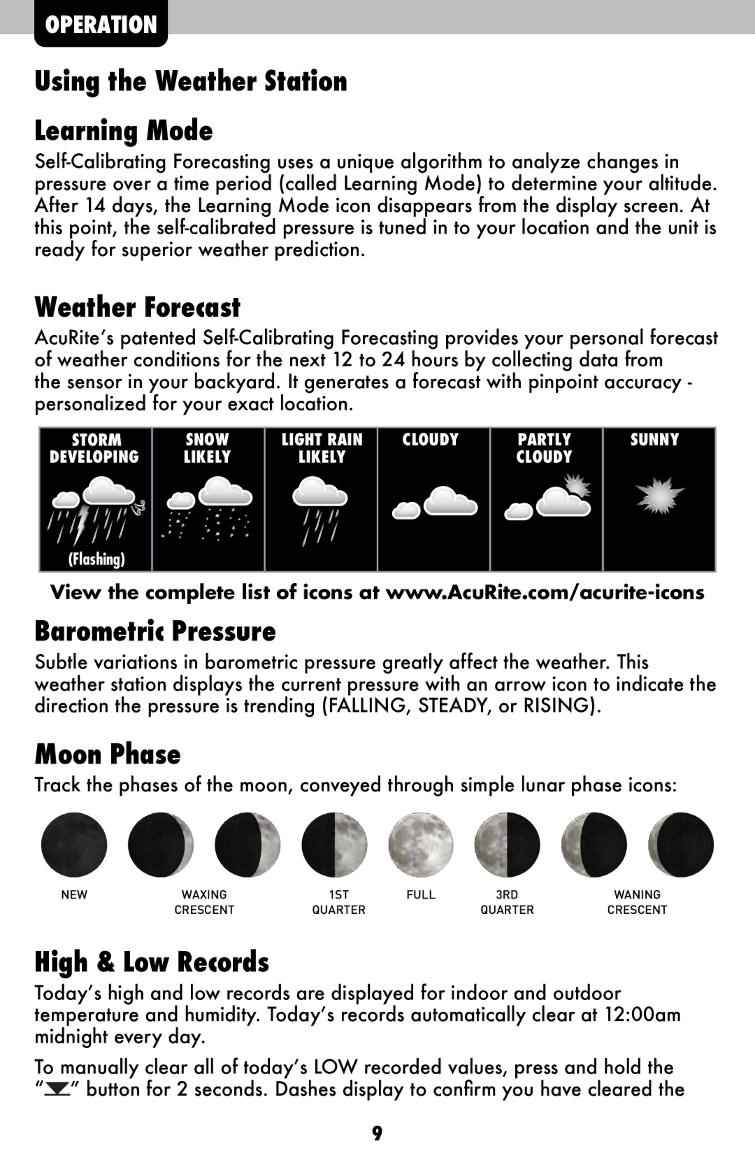 Acu-Rite 2026 instruction manual Using the Weather Station Learning Mode, Weather Forecast, Barometric Pressure, Moon Phase 