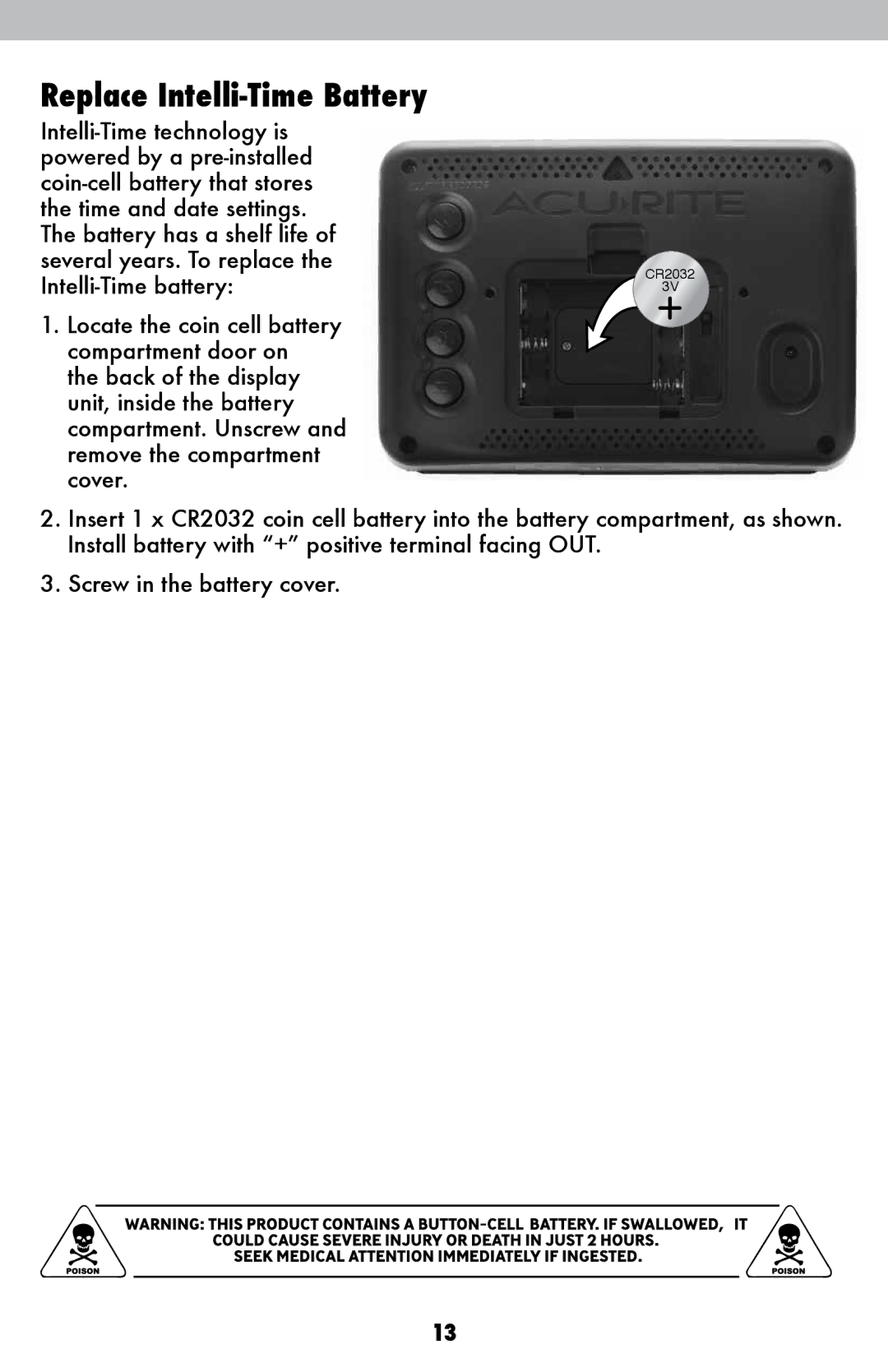 Acu-Rite 02022WB, 2027 instruction manual Replace Intelli-Time Battery 