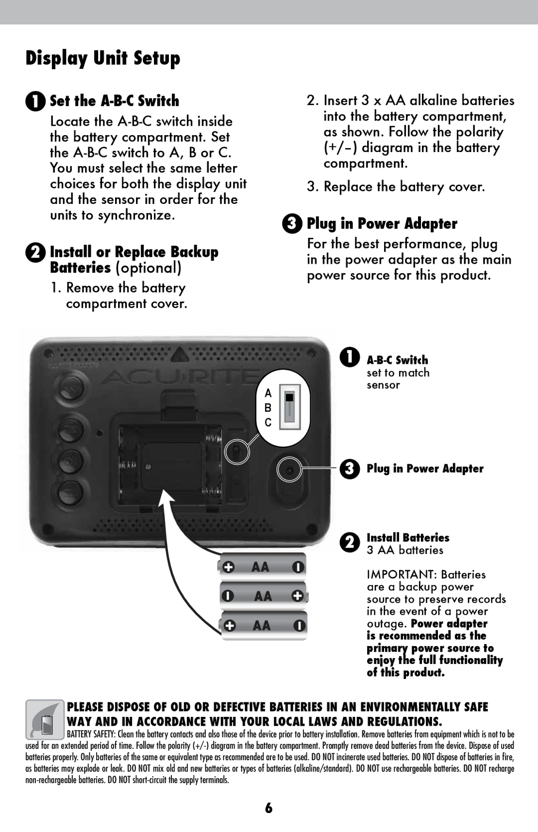 Acu-Rite 2027, 02022WB instruction manual Display Unit Setup, Install or Replace Backup Batteries optional 