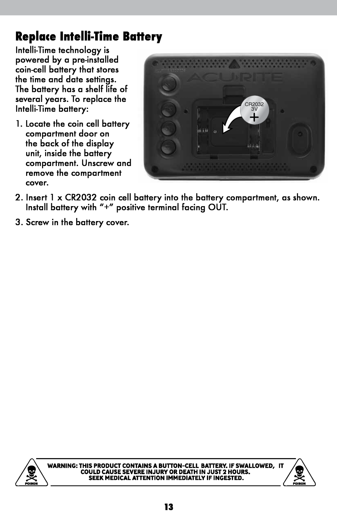 Acu-Rite 02022WB, 2027 instruction manual Replace Intelli-TimeBattery 