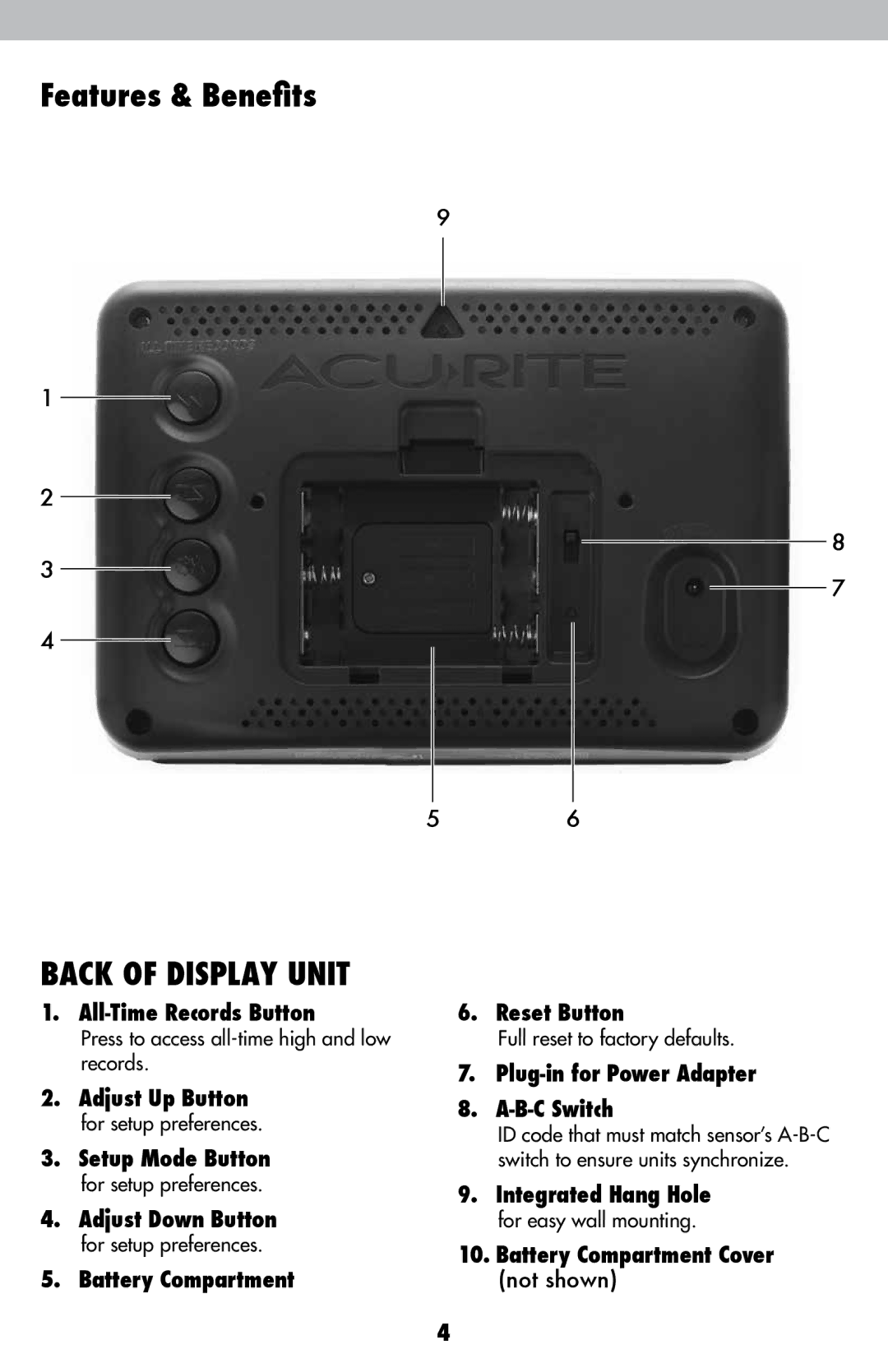 Acu-Rite 2027 instruction manual Back of Display Unit, All-Time Records Button, Battery Compartment Reset Button 