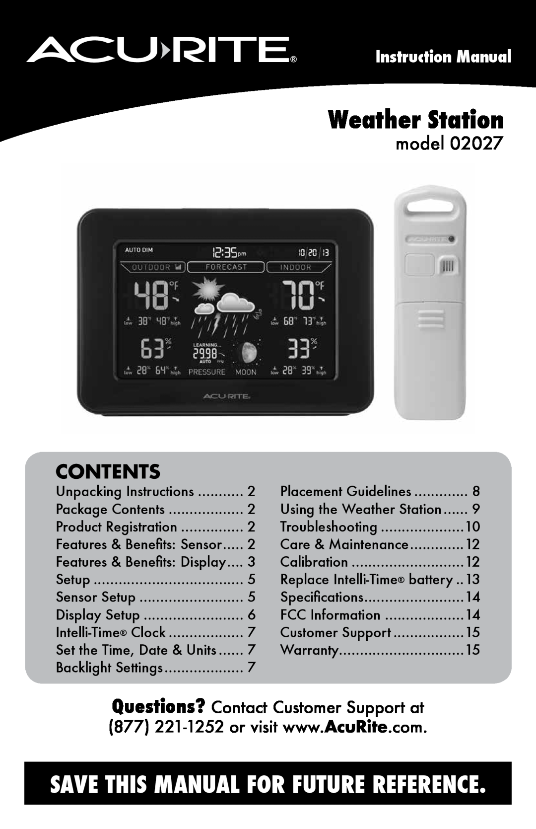 Acu-Rite 2027 instruction manual Contents, model, Weather Station, Save This Manual For Future Reference 