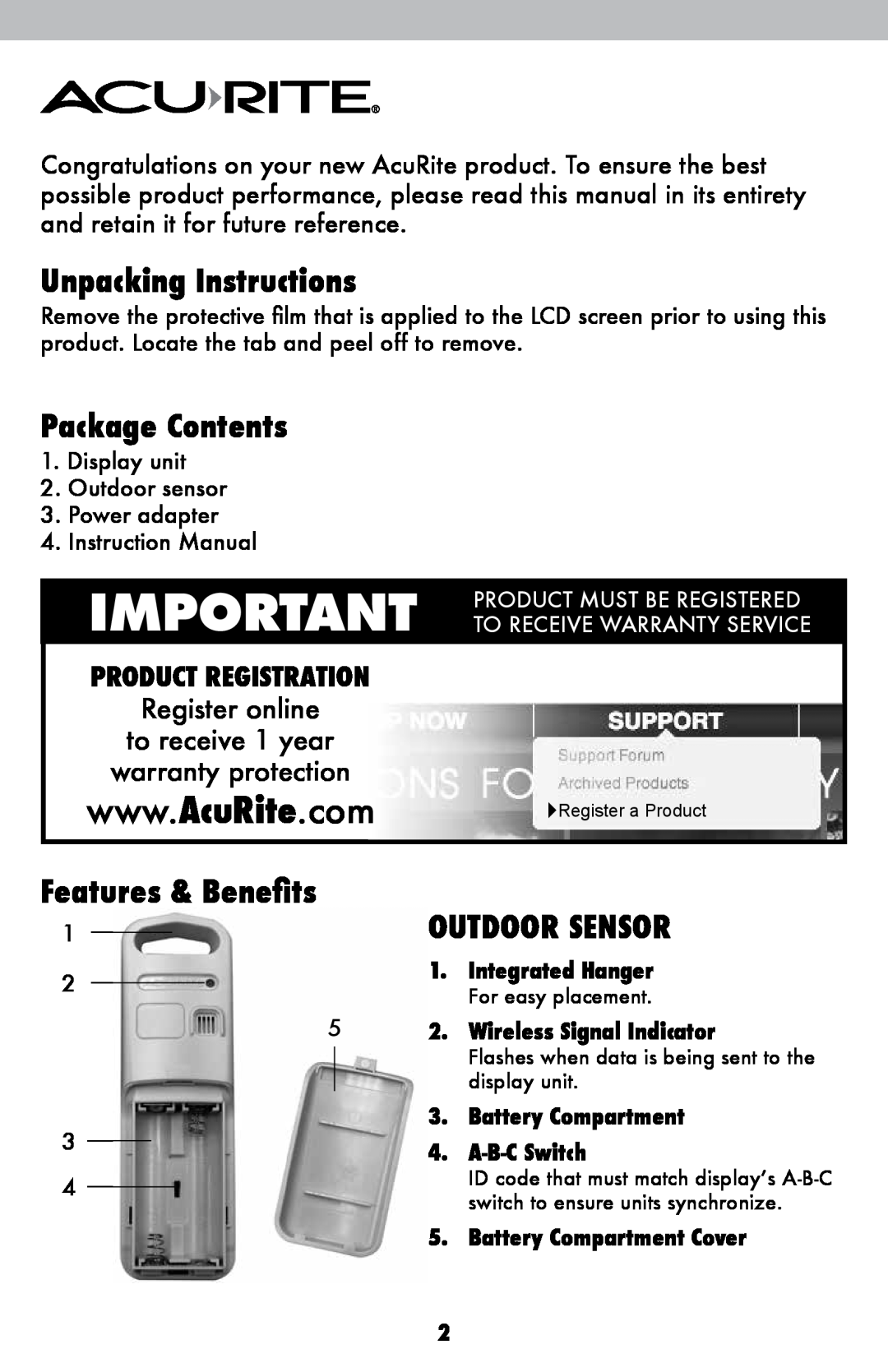 Acu-Rite 2027 Unpacking Instructions, Package Contents, Outdoor Sensor, Product Must Be Registered, Product Registration 