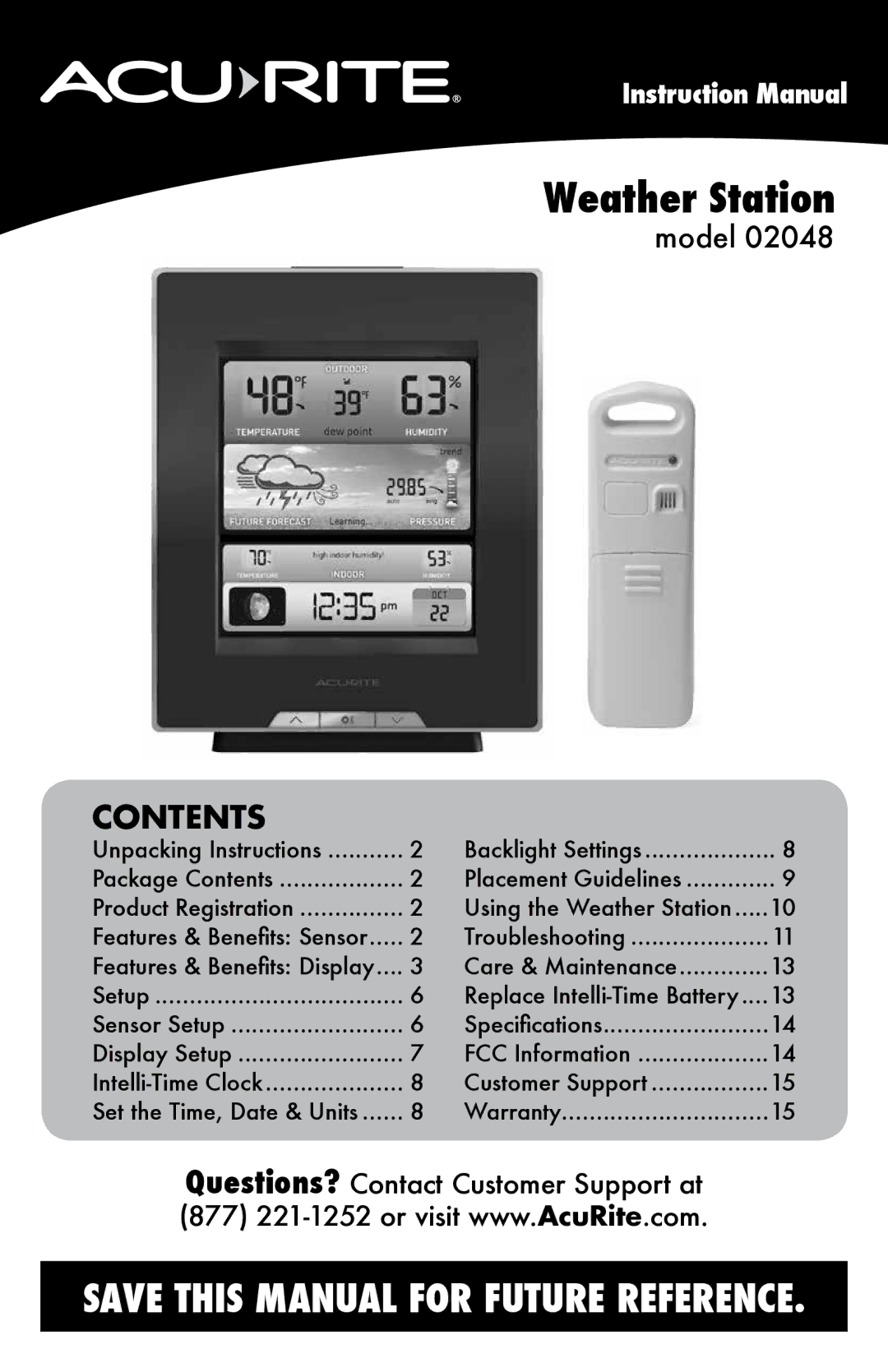 Acu-Rite 2048 instruction manual Weather Station, Contents 