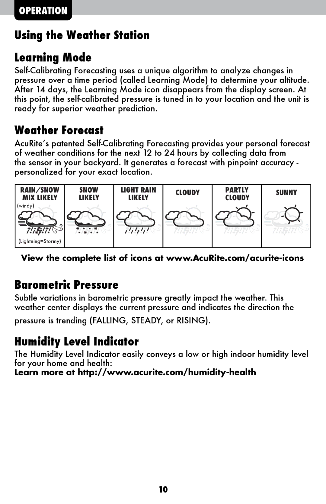 Acu-Rite 2048 Using the Weather Station Learning Mode, Weather Forecast, Barometric Pressure, Humidity Level Indicator 