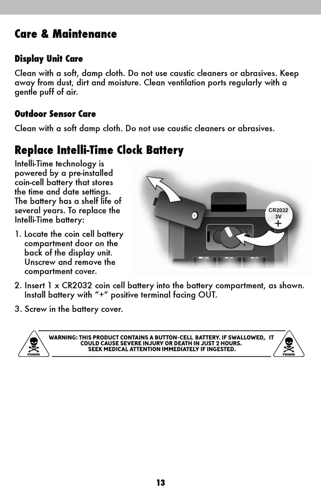 Acu-Rite 2048 instruction manual Care & Maintenance, Replace Intelli-Time Clock Battery 