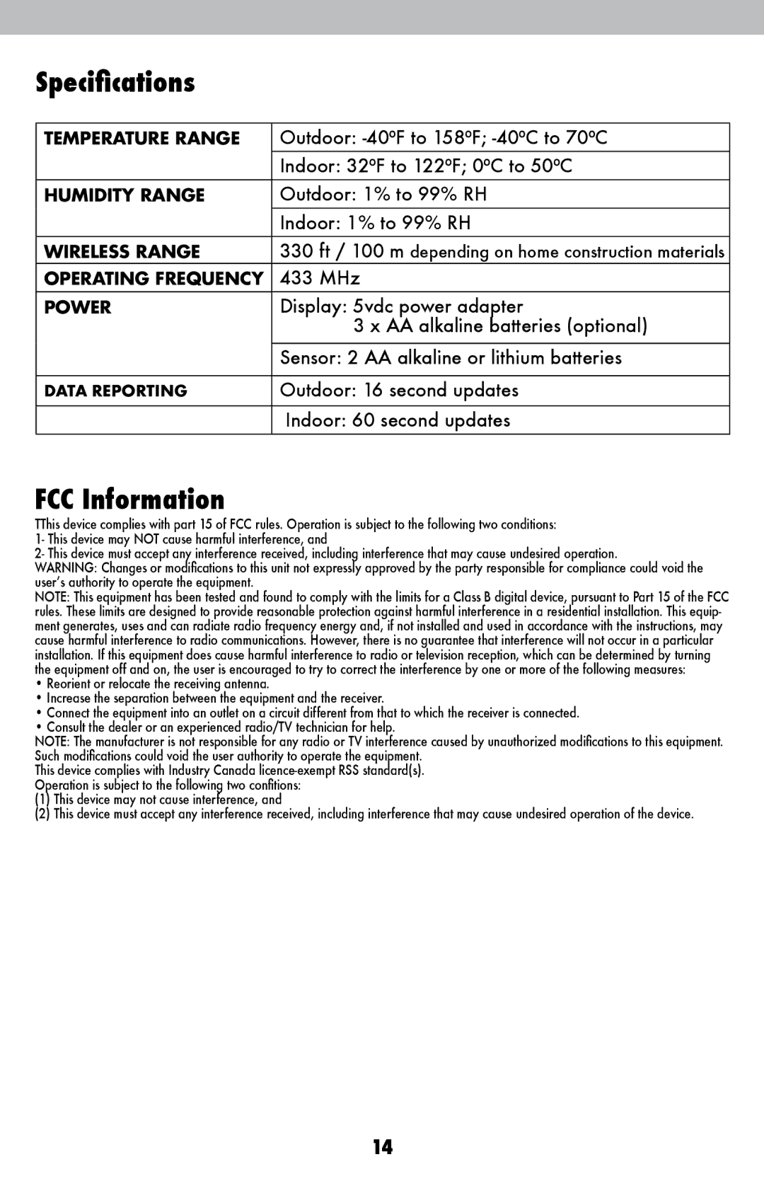 Acu-Rite 2048 instruction manual Specifications, FCC Information 