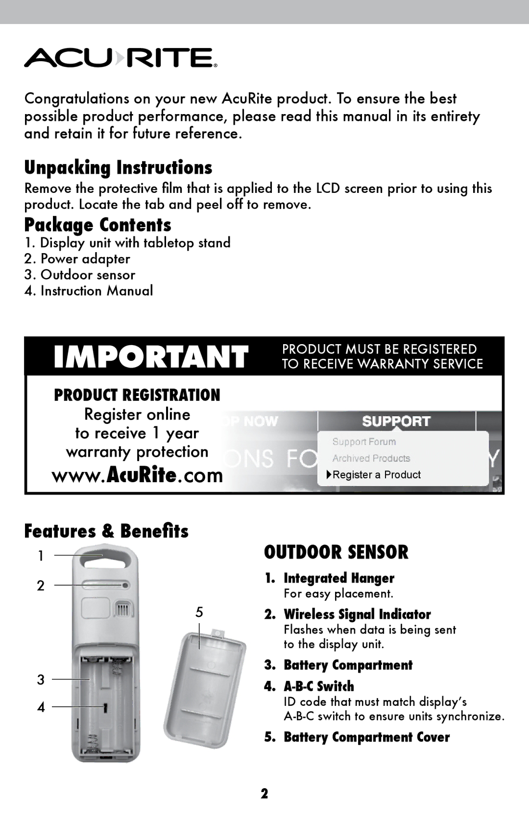 Acu-Rite 2048 instruction manual Unpacking Instructions, Package Contents, Outdoor Sensor 