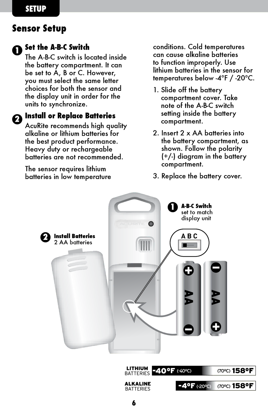 Acu-Rite 2048 instruction manual Sensor Setup, Set the A-B-C Switch 