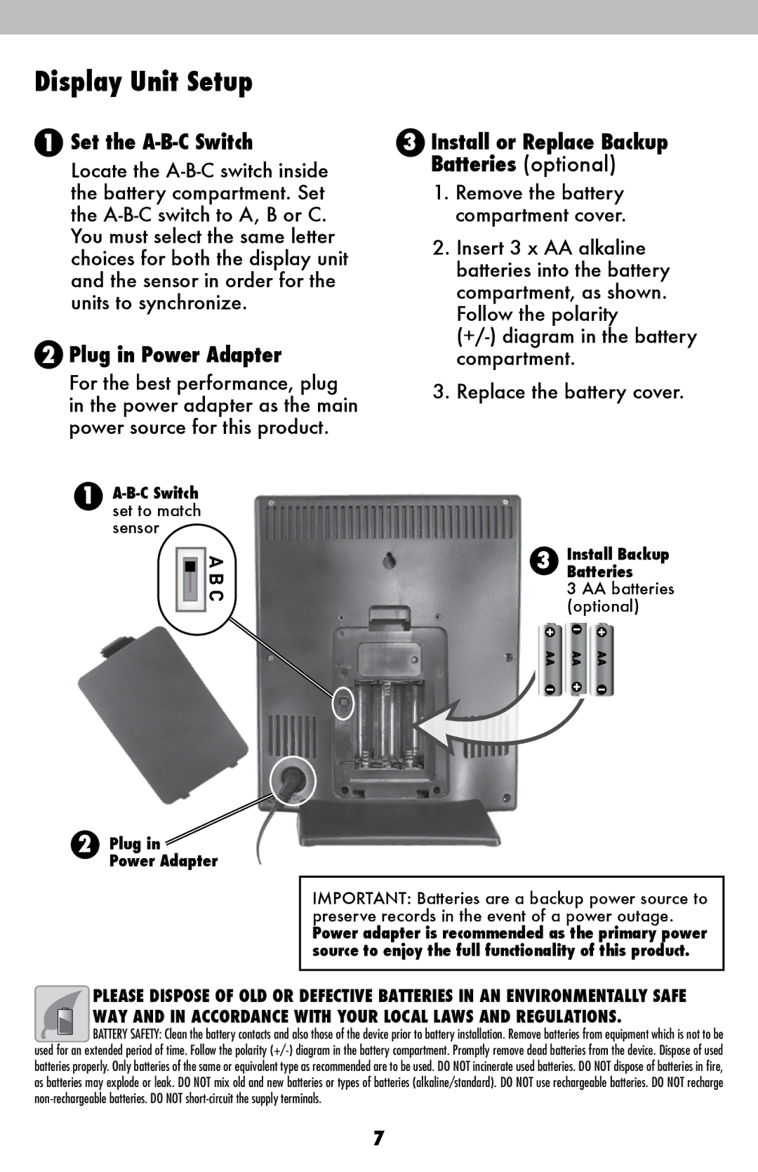 Acu-Rite 2048 instruction manual Display Unit Setup, Plug in Power Adapter 