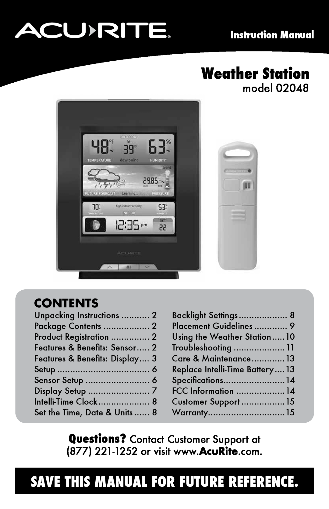 Acu-Rite 2048 instruction manual Contents, model, Weather Station, Save This Manual For Future Reference 