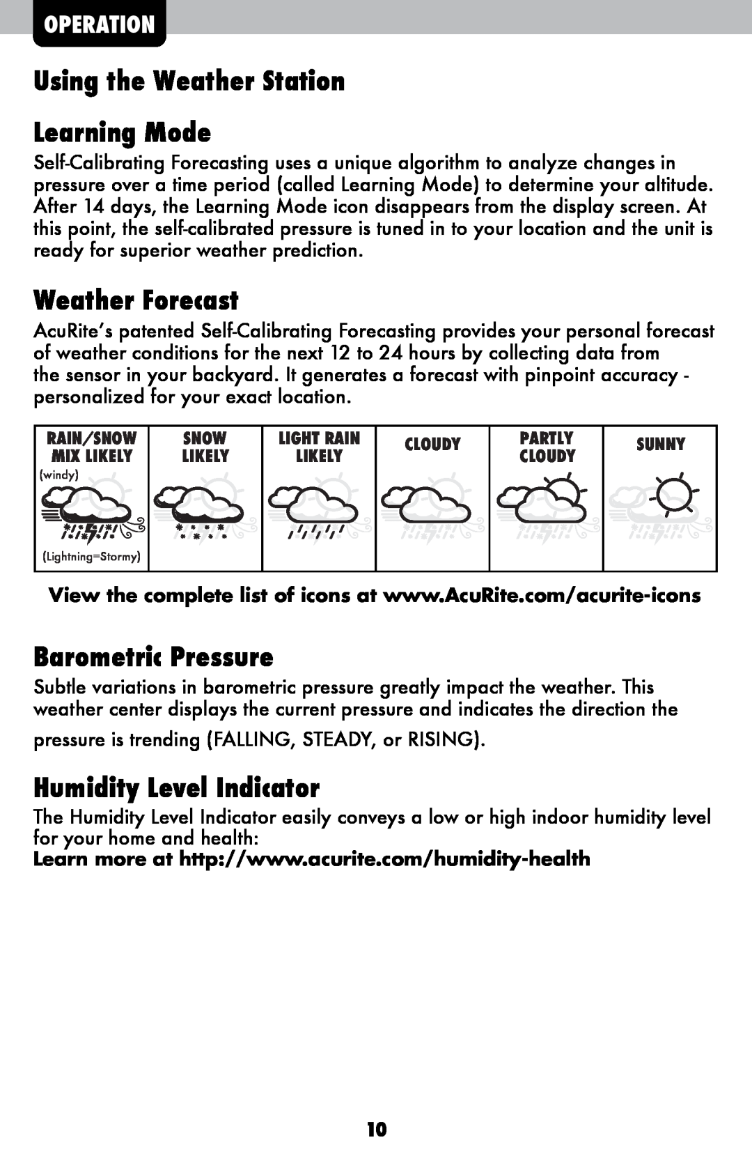 Acu-Rite 2048 Using the Weather Station Learning Mode, Weather Forecast, Barometric Pressure, Humidity Level Indicator 