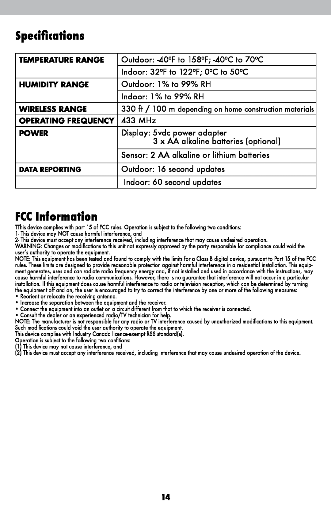 Acu-Rite 2048 instruction manual Specifications, FCC Information 