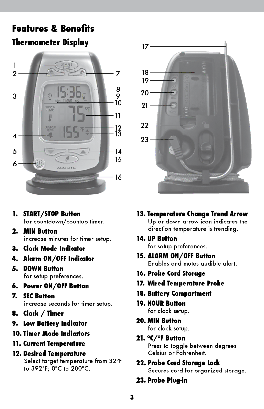 Acu-Rite 3168 instruction manual Features & Benefits, Thermometer Display 