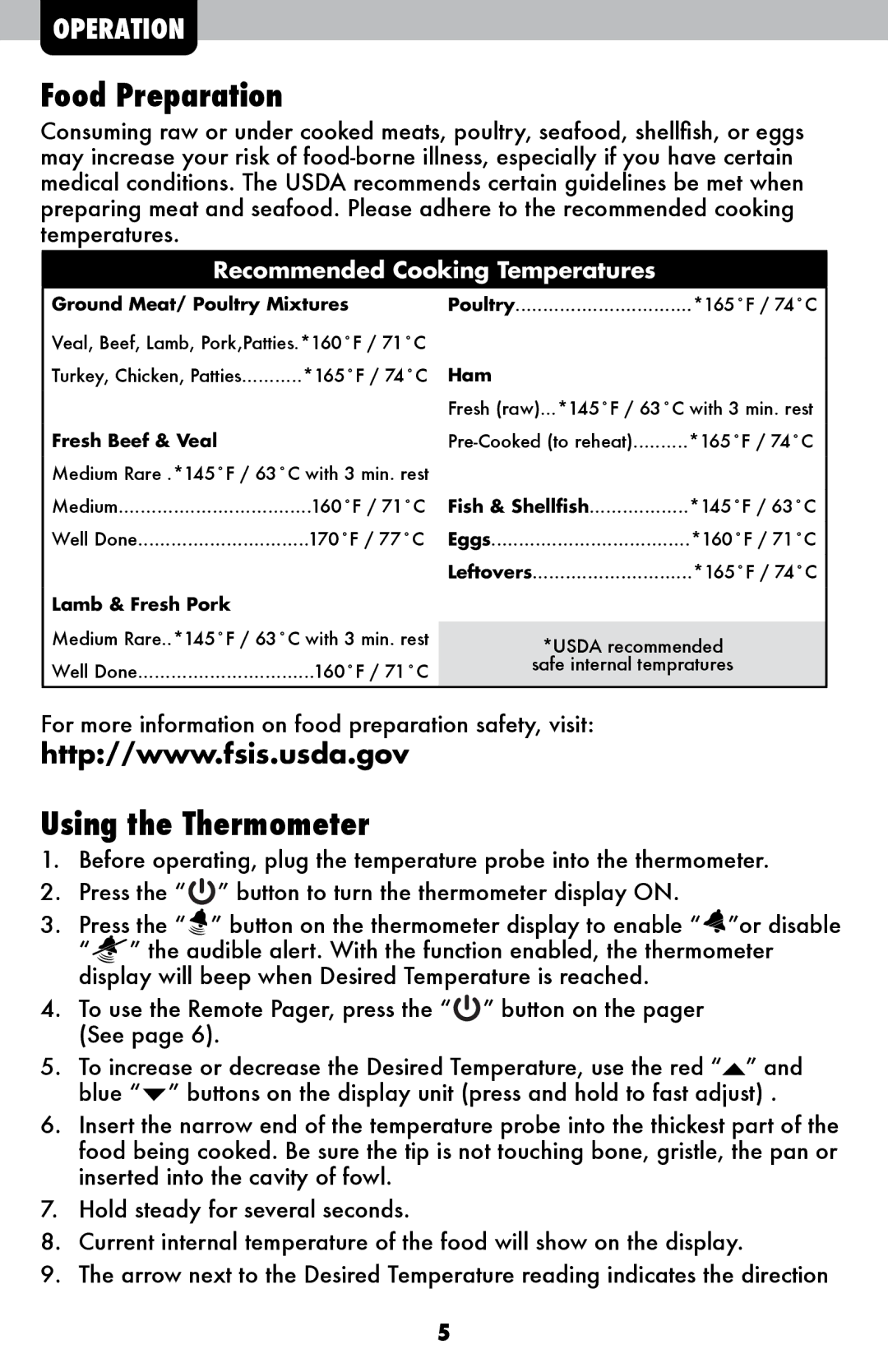 Acu-Rite 3168 instruction manual Food Preparation, Using the Thermometer 