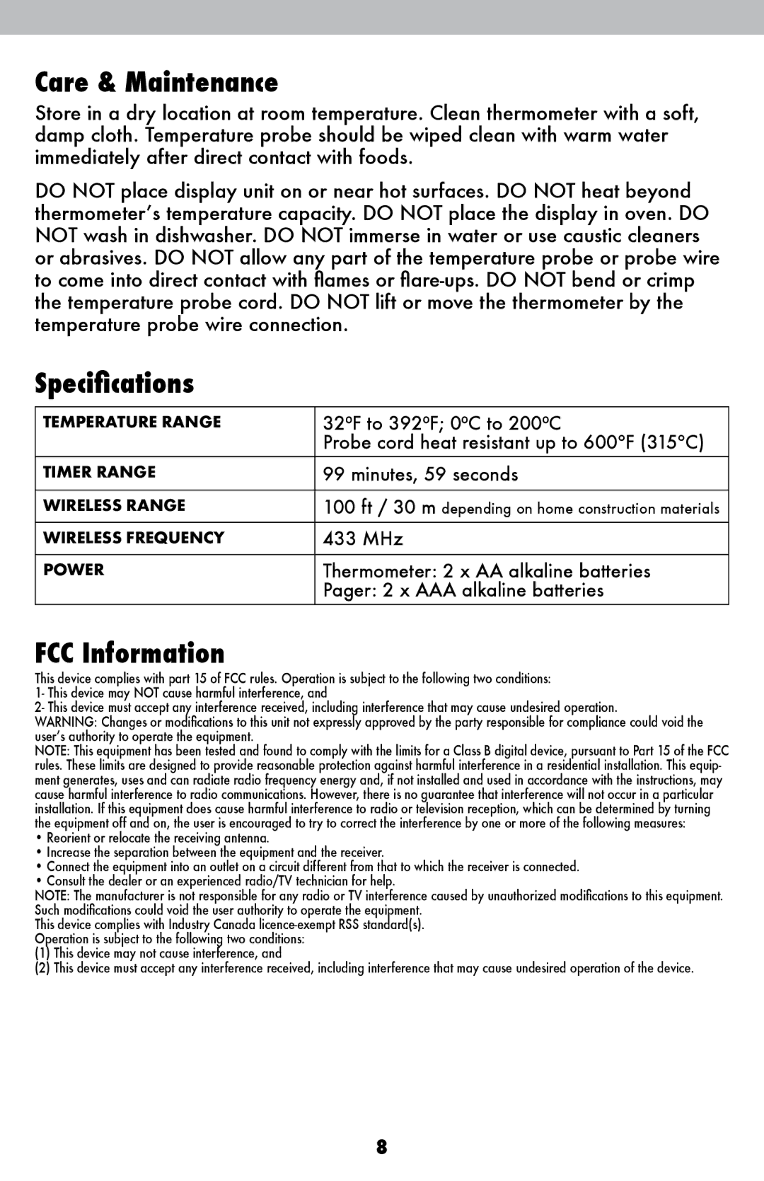 Acu-Rite 3168 instruction manual Care & Maintenance, Specifications, FCC Information 