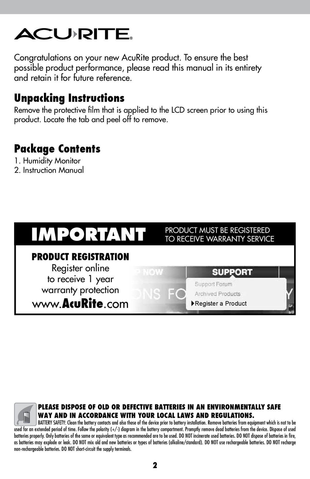 Acu-Rite 326, 327, 325 instruction manual Unpacking Instructions, Package Contents 