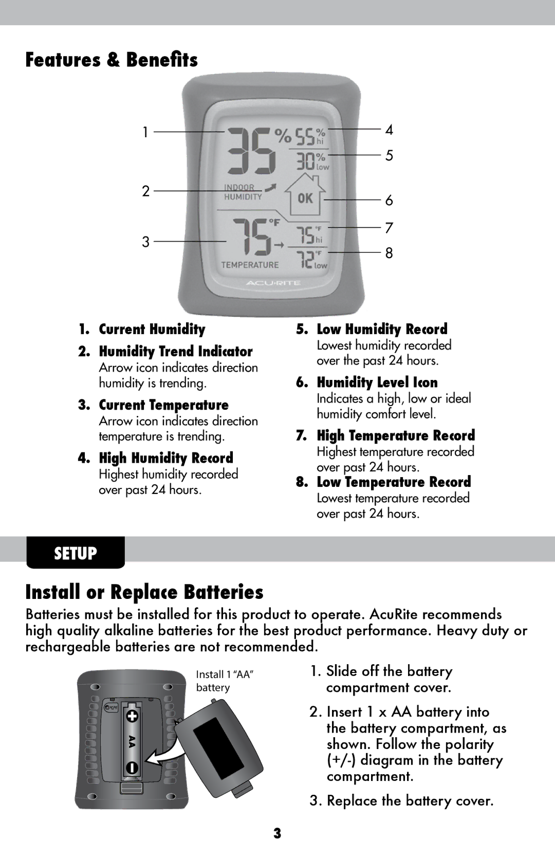 Acu-Rite 327, 325, 326 instruction manual Features & Benefits, Install or Replace Batteries 