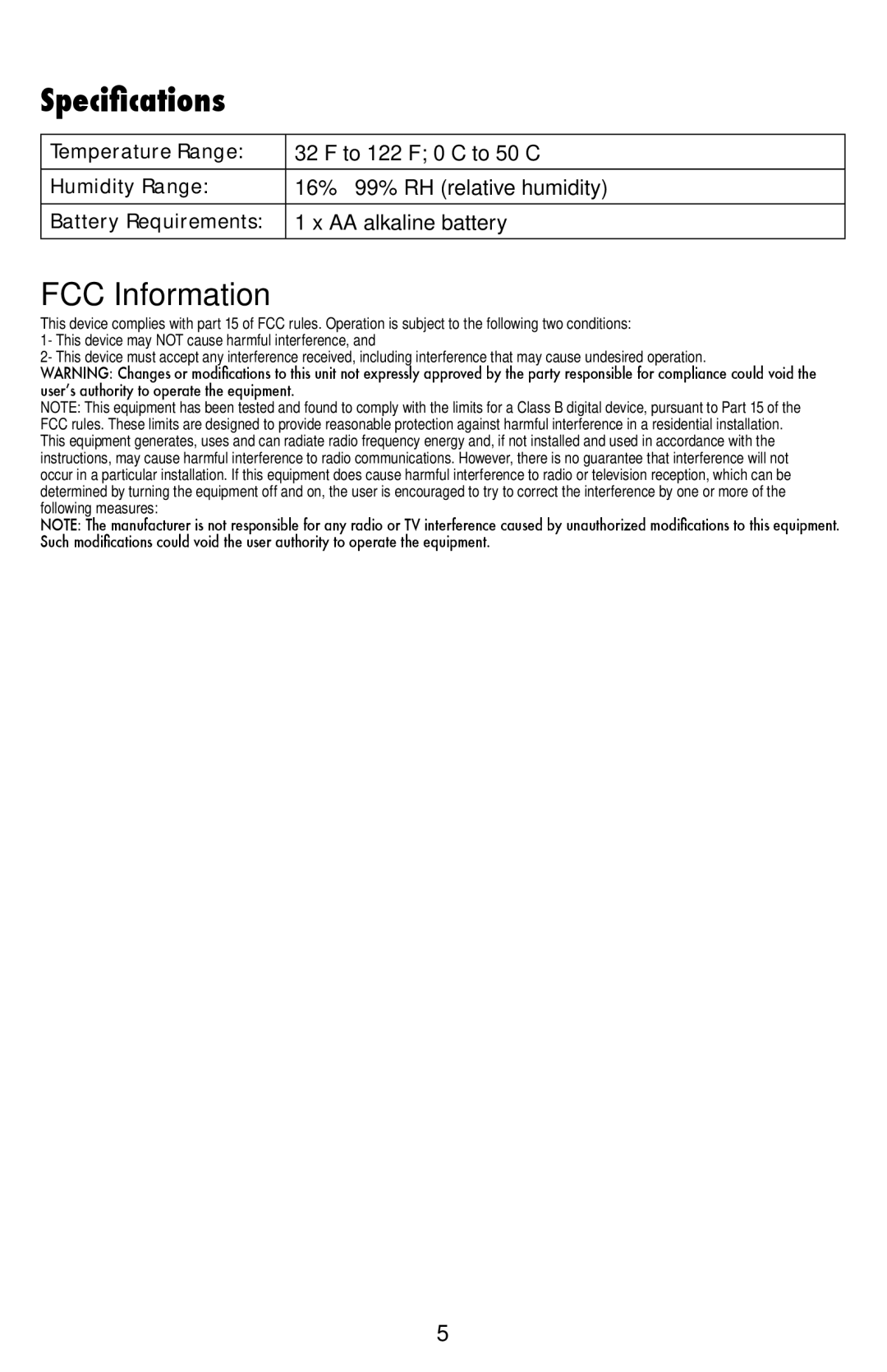 Acu-Rite 326, 327, 325 instruction manual Specifications, FCC Information 