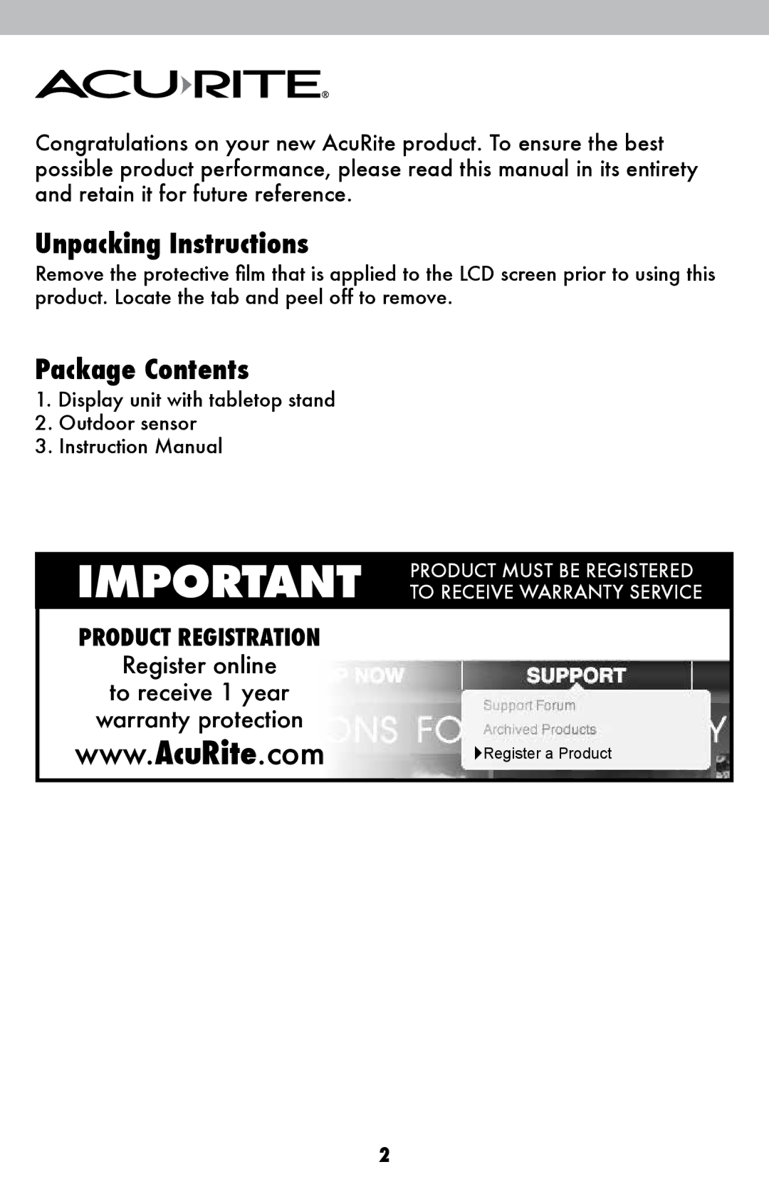 Acu-Rite 00609SBDIA, 411, 00611A3 instruction manual Unpacking Instructions, Package Contents 