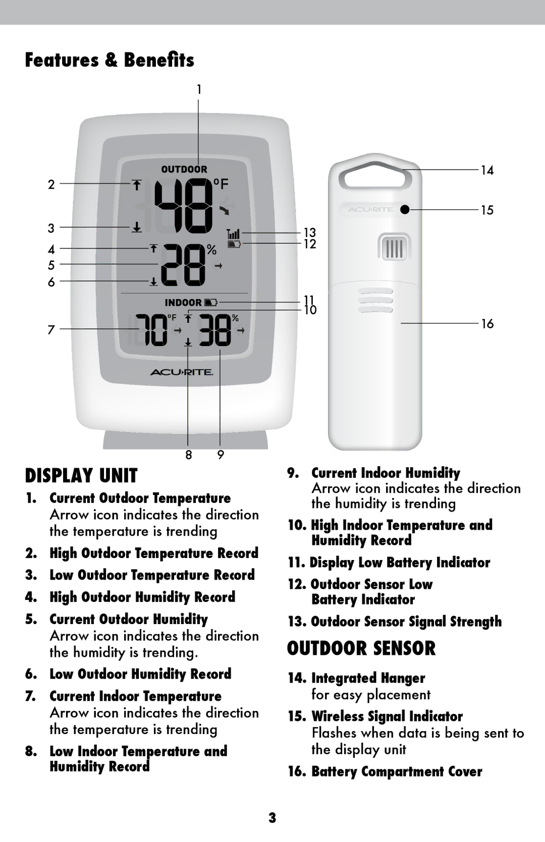 Acu-Rite 411, 00611A3, 00609SBDIA instruction manual Features & Benefits, Display Unit 