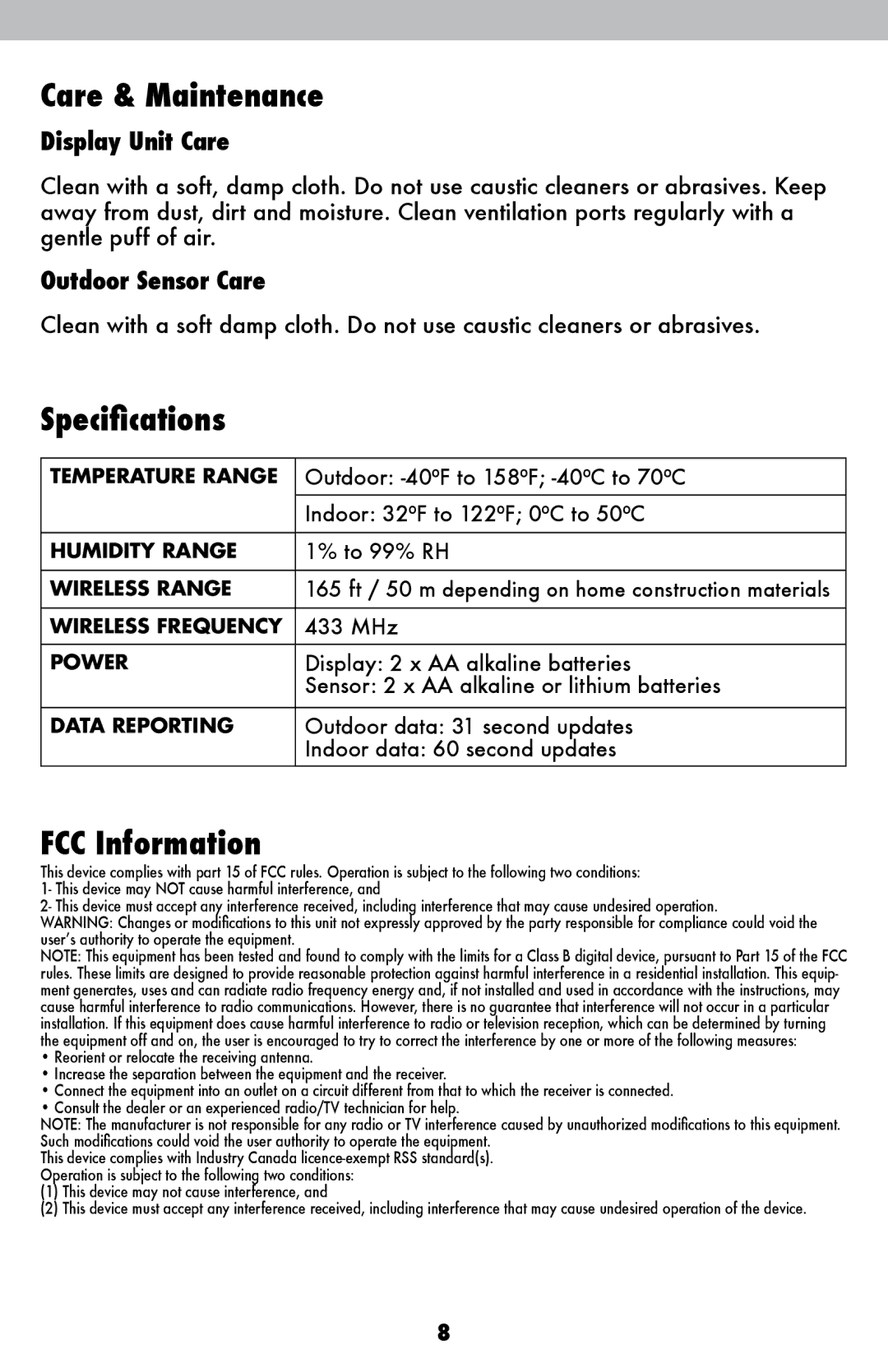 Acu-Rite 00609SBDIA, 411, 00611A3 instruction manual Care & Maintenance, Specifications, FCC Information 