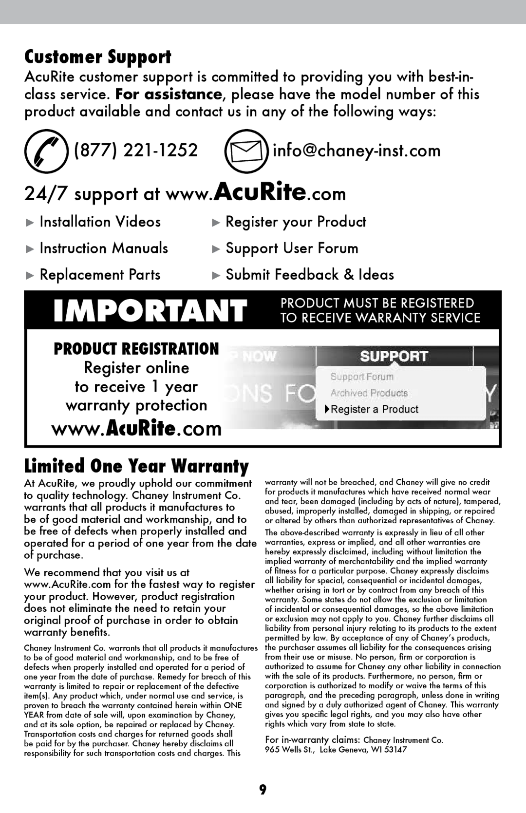 Acu-Rite 411, 00611A3, 00609SBDIA instruction manual Customer Support, 877 221-1252 info@chaney-inst.com 