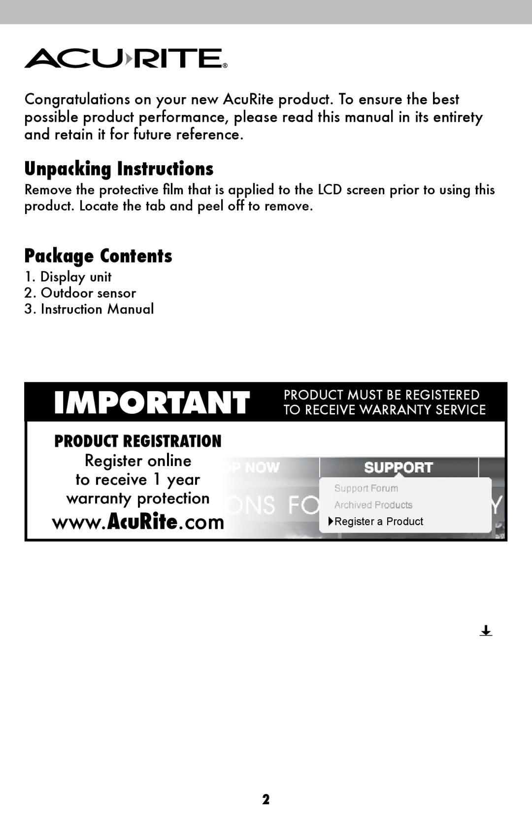 Acu-Rite 424, 522 instruction manual Unpacking Instructions, Package Contents 