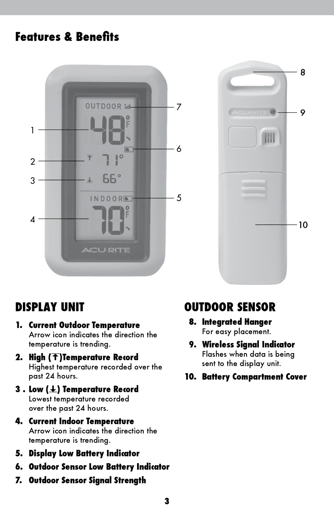 Acu-Rite 522, 424 instruction manual Features & Benefits, Display Unit 