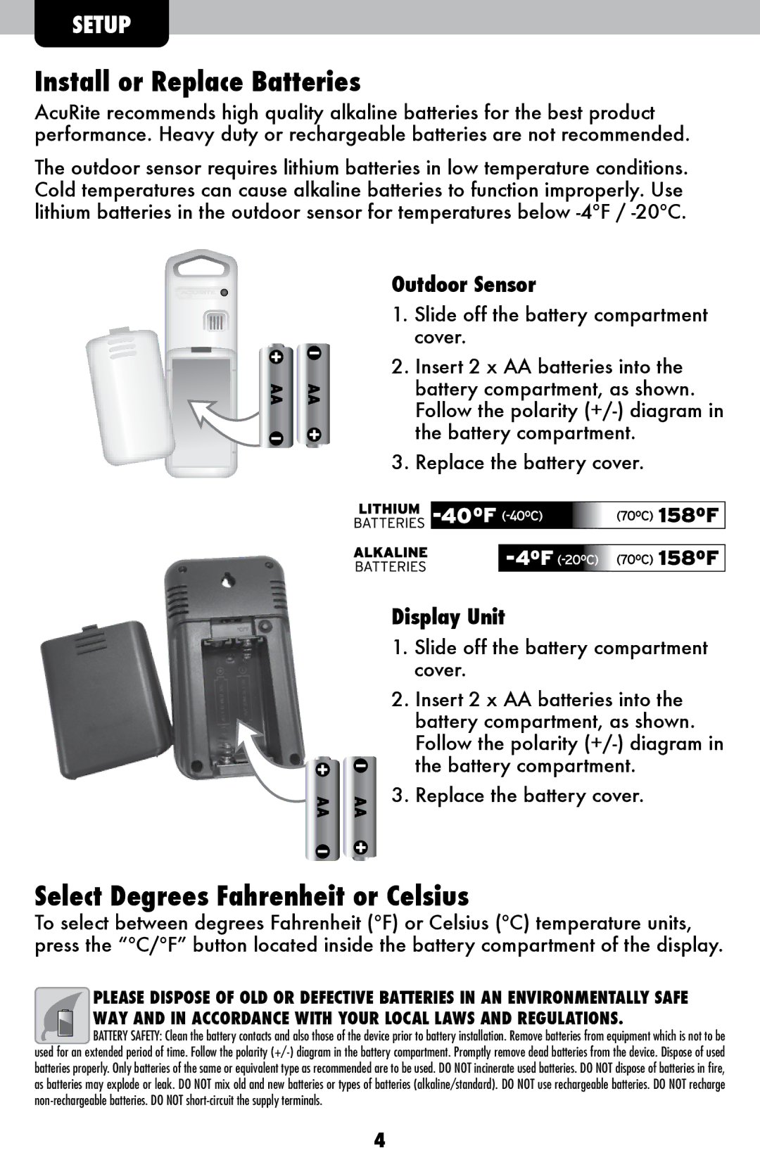 Acu-Rite 424, 522 instruction manual Install or Replace Batteries, Select Degrees Fahrenheit or Celsius 