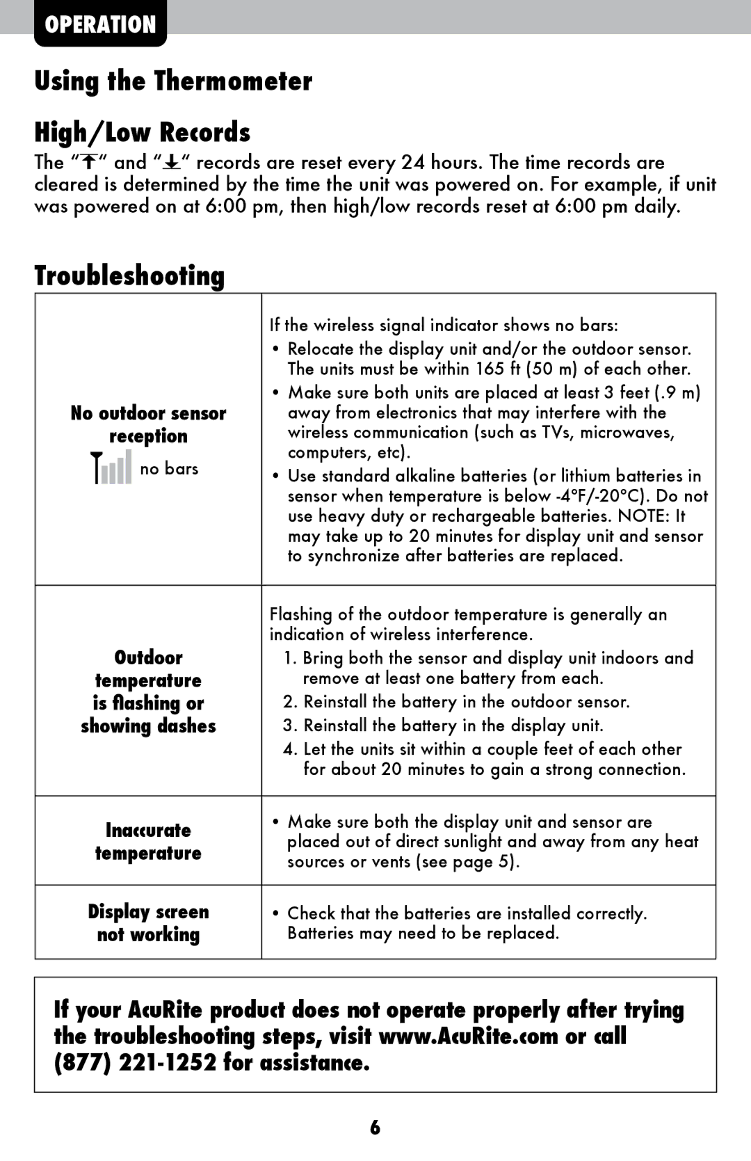 Acu-Rite 424, 522 instruction manual Using the Thermometer High/Low Records, Troubleshooting 