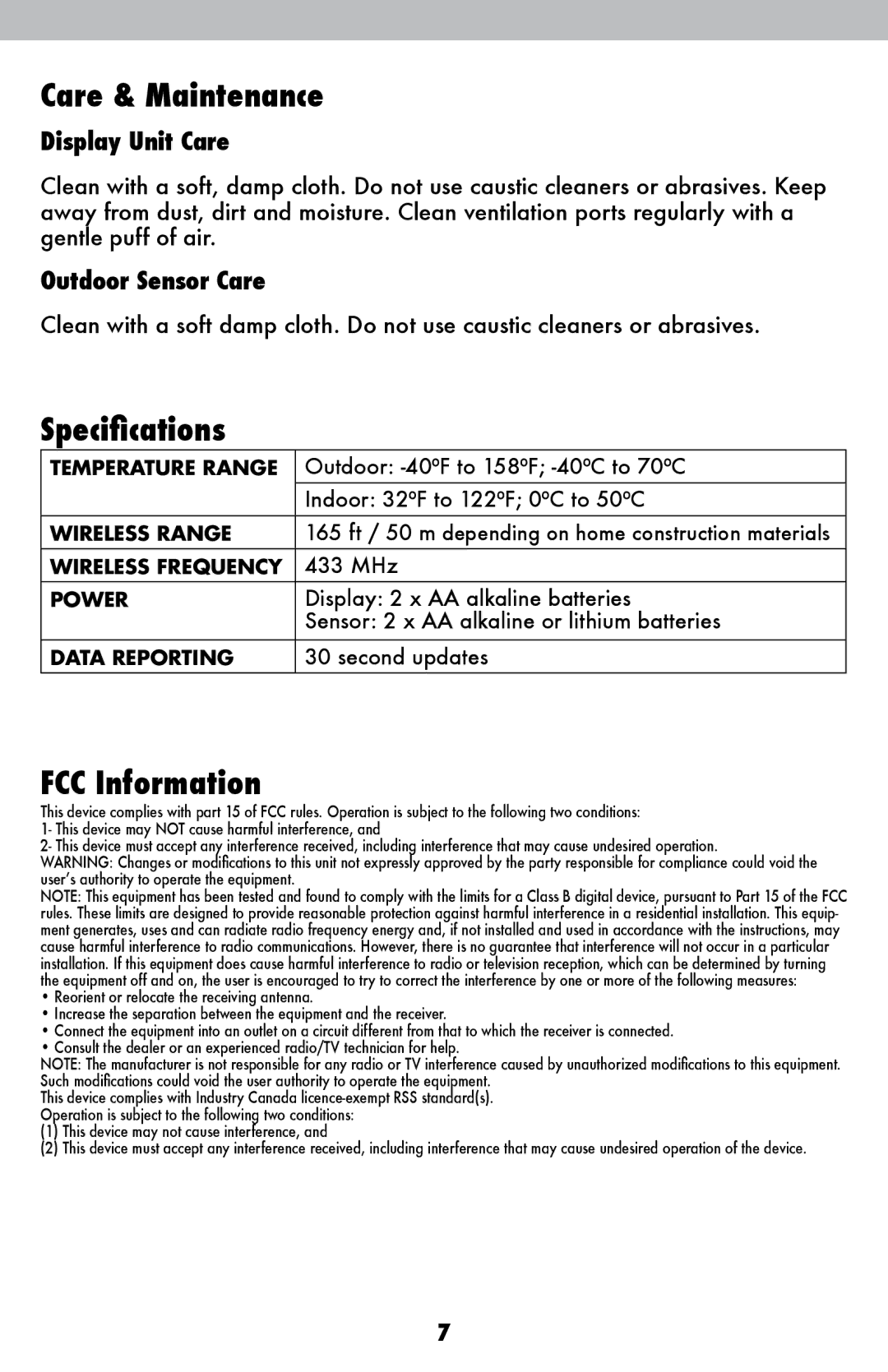 Acu-Rite 522, 424 instruction manual Care & Maintenance, Specifications, FCC Information 