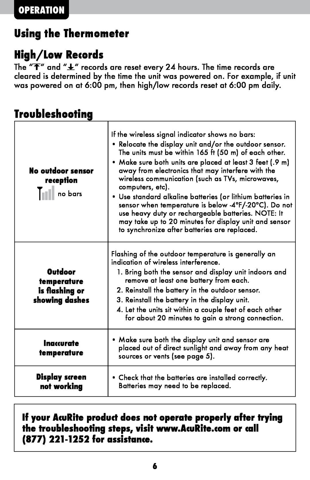Acu-Rite 424, 522 Using the Thermometer High/Low Records, Troubleshooting, Operation, reception, Outdoor, temperature 