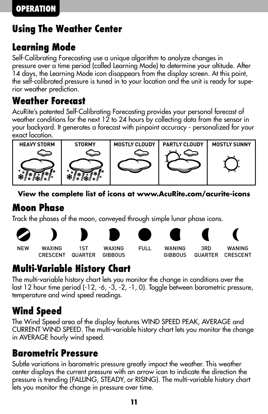 Acu-Rite 00634A2, 436 Using The Weather Center Learning Mode, Weather Forecast, Moon Phase, Multi-Variable History Chart 