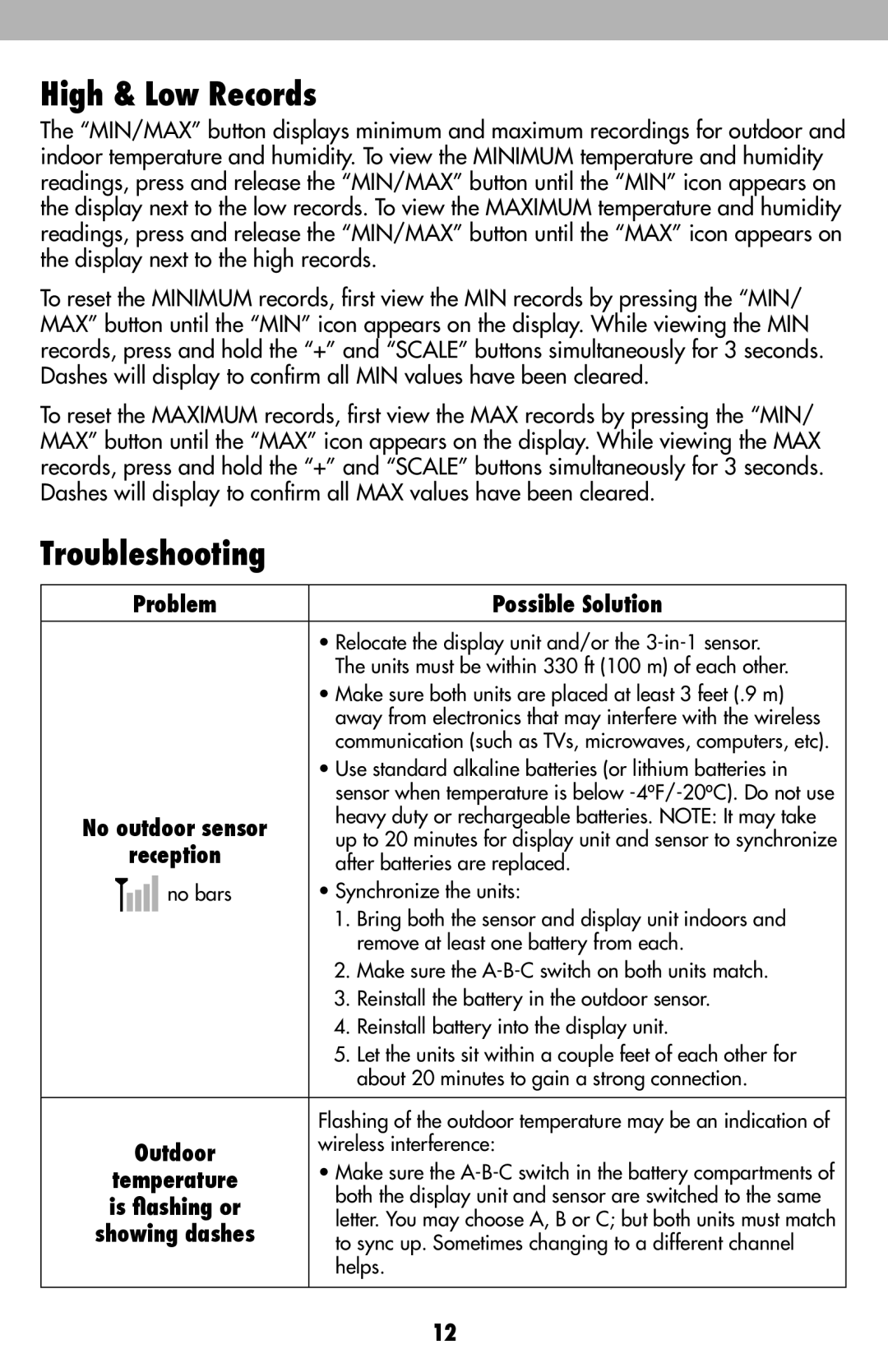 Acu-Rite 436, 00634A1, 00634CA, 00634A2 High & Low Records, Troubleshooting, Problem Possible Solution, Reception 