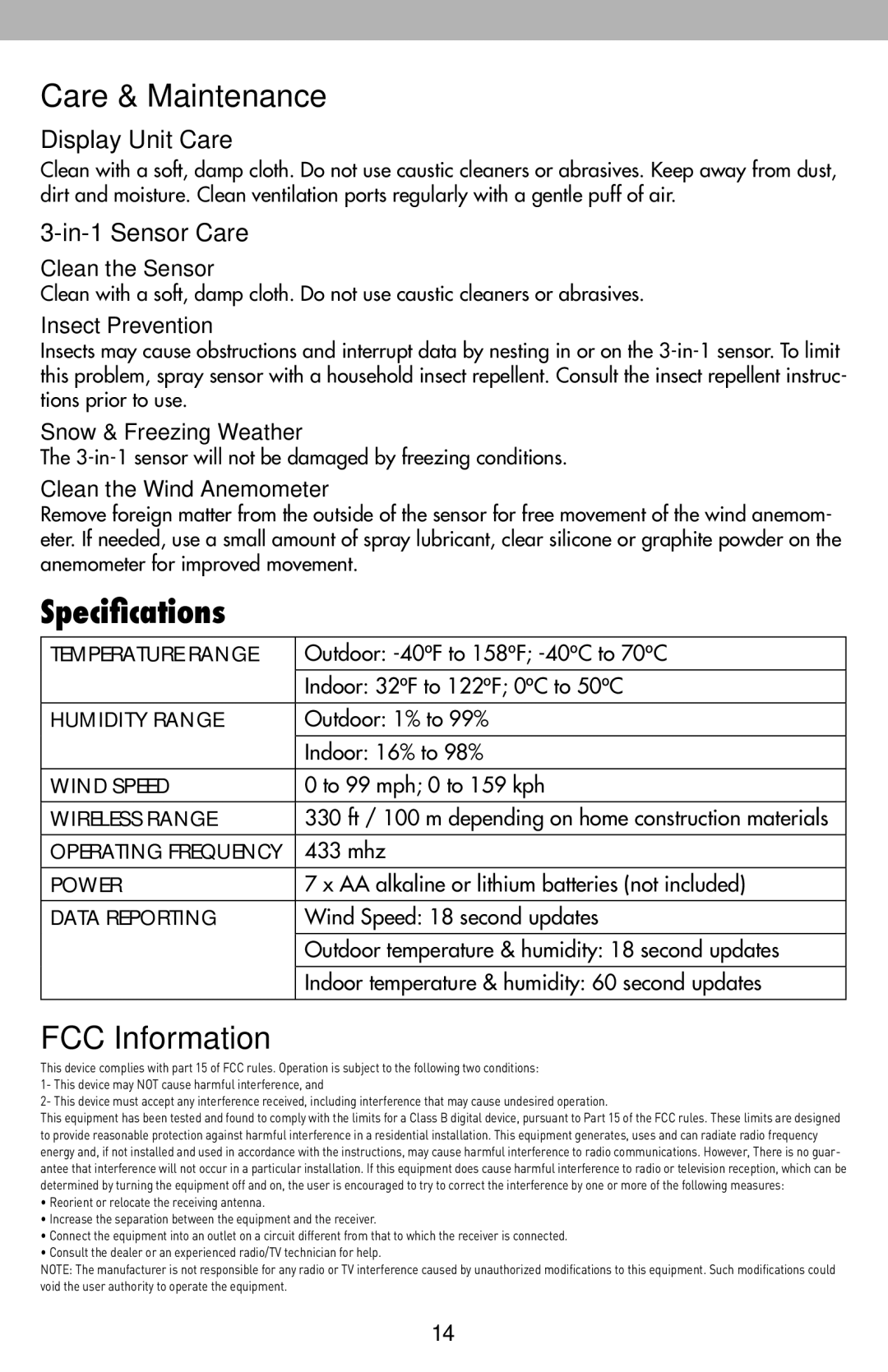 Acu-Rite 00634CA, 436, 00634A1 Care & Maintenance, Specifications, FCC Information, Display Unit Care, In-1 Sensor Care 