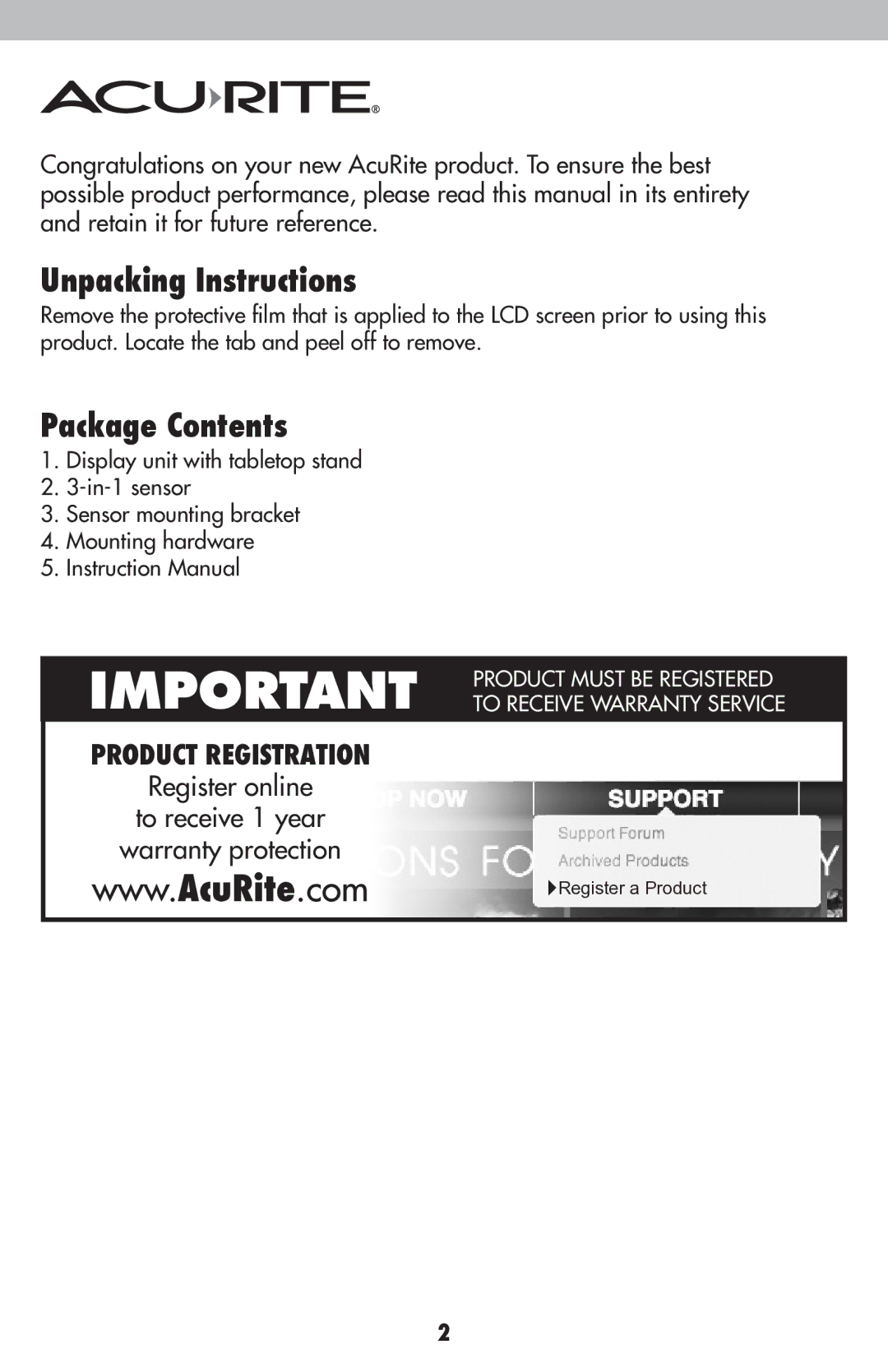 Acu-Rite 00634CA, 436, 00634A1, 00634A2 instruction manual Unpacking Instructions, Package Contents 