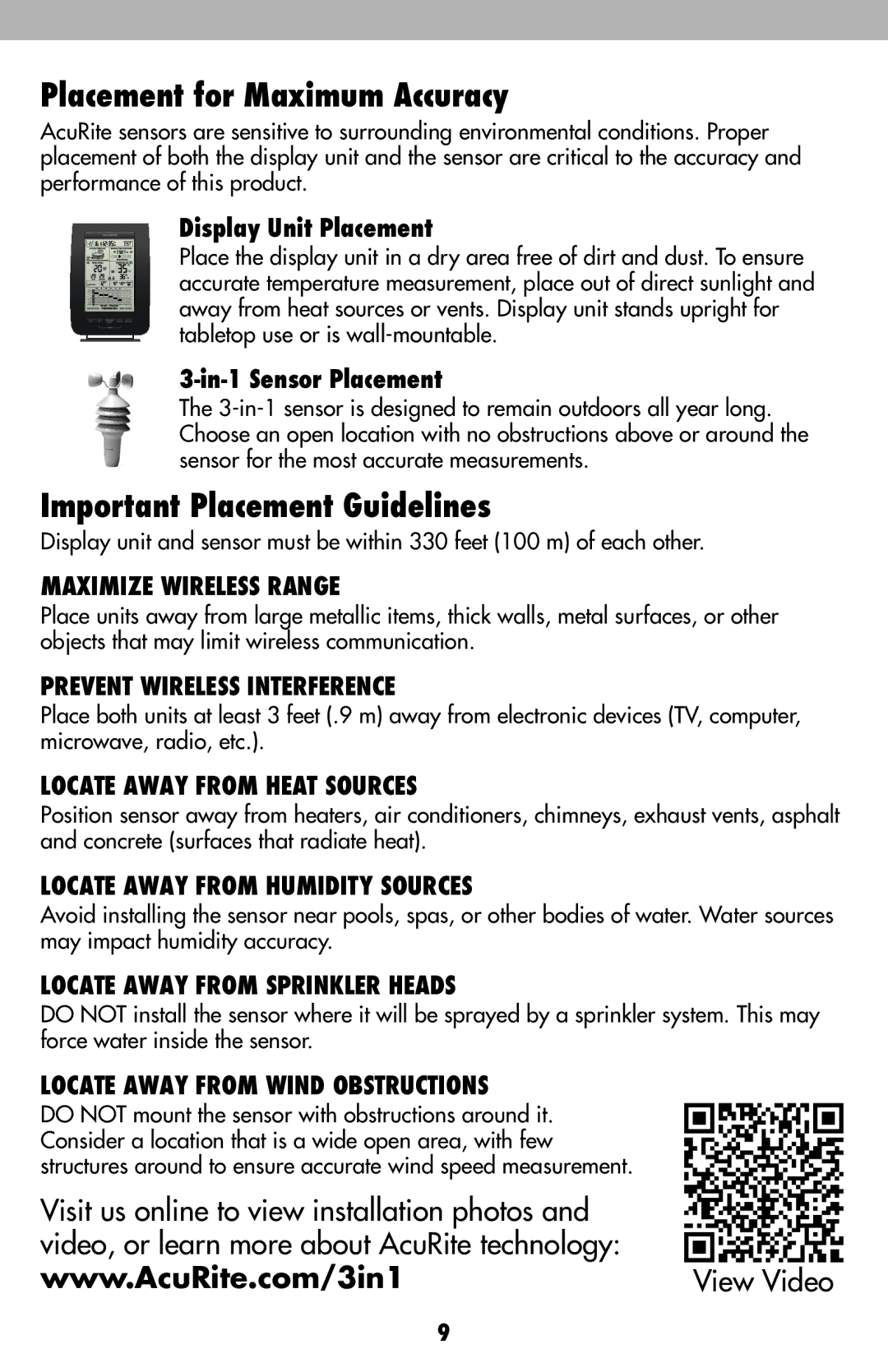 Acu-Rite 00634A1, 436, 00634CA Placement for Maximum Accuracy, Important Placement Guidelines, Display Unit Placement 