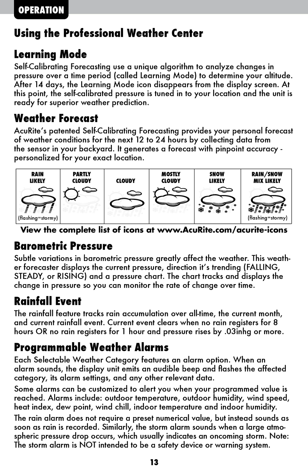 Acu-Rite 502 Using the Professional Weather Center Learning Mode, Weather Forecast, Barometric Pressure, Rainfall Event 