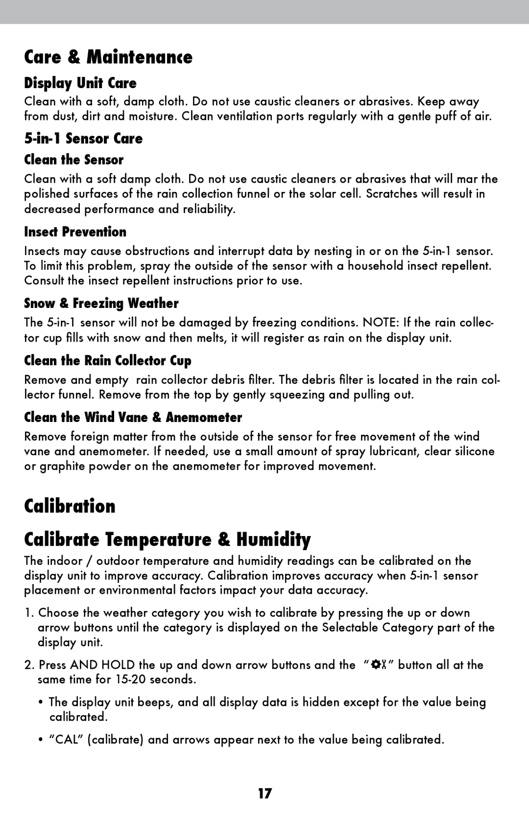 Acu-Rite 502 Care & Maintenance, Calibration Calibrate Temperature & Humidity, Display Unit Care, In-1 Sensor Care 