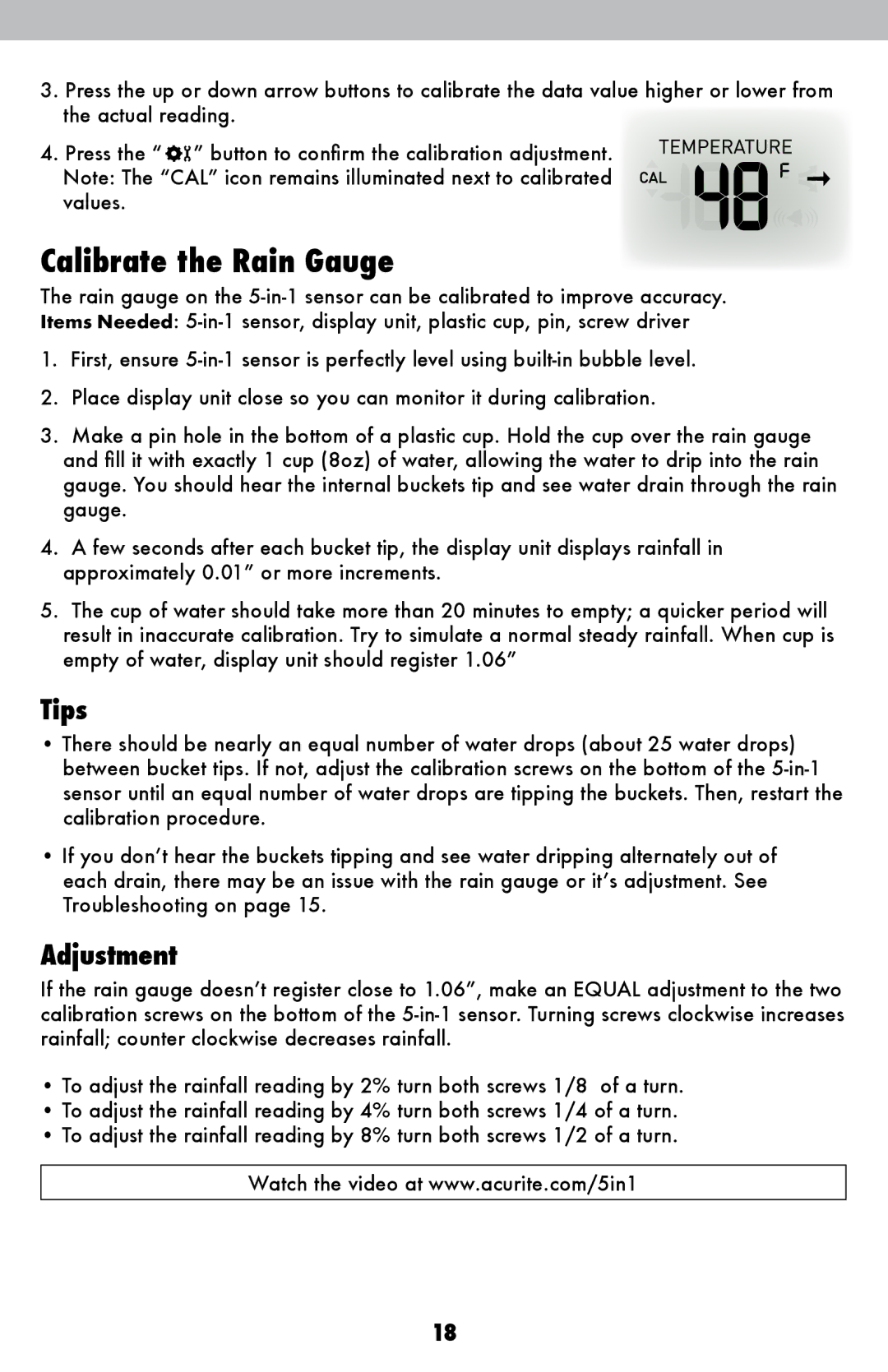 Acu-Rite 502 instruction manual Calibrate the Rain Gauge, Tips 